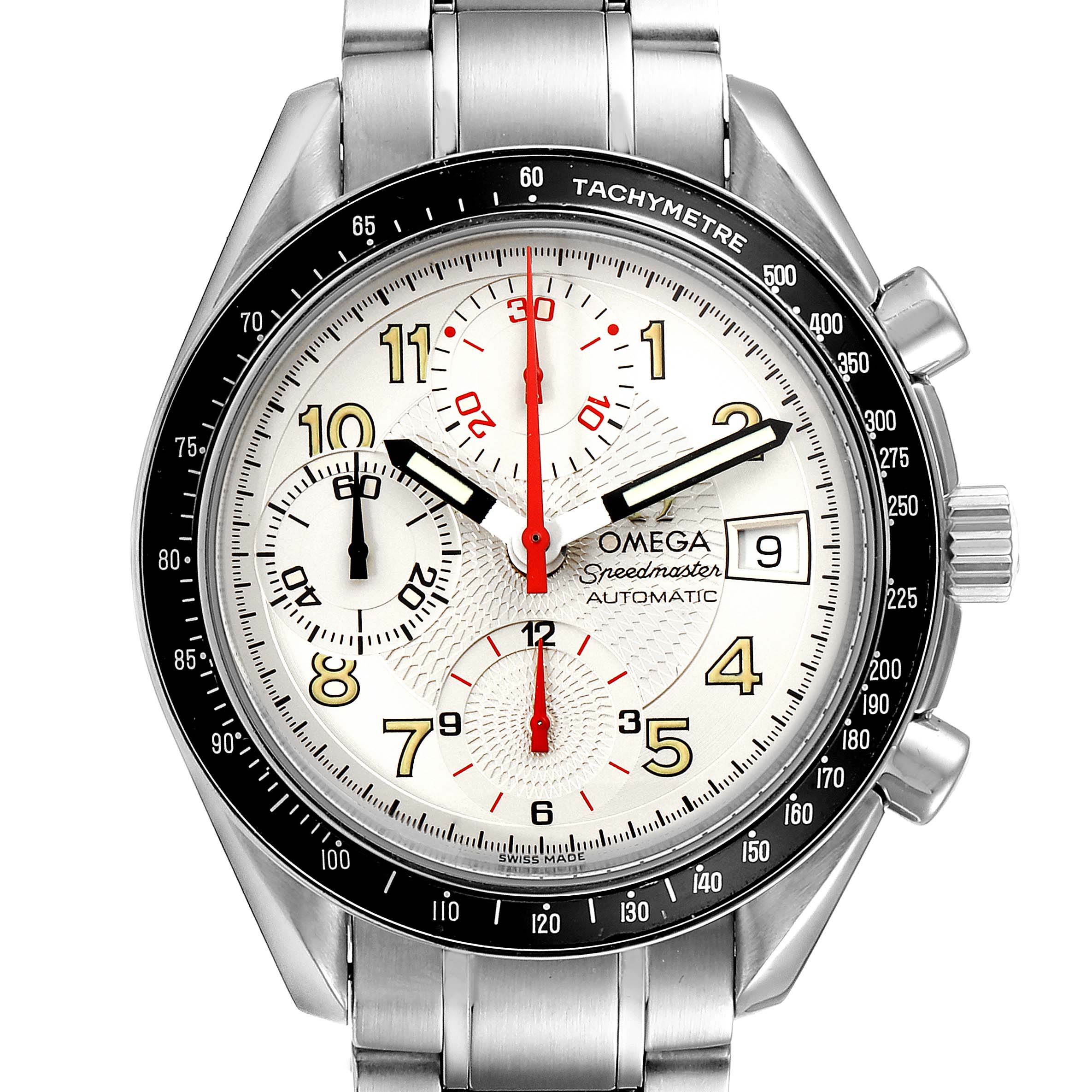 The image shows a frontal view of the Omega Speedmaster 3513.33.00 Men
s Stainless Steel White Dial 3513.33.00 Men
s Stainless Steel White Dial watch, highlighting its face, chronograph dials, tachymeter bezel, and date window.