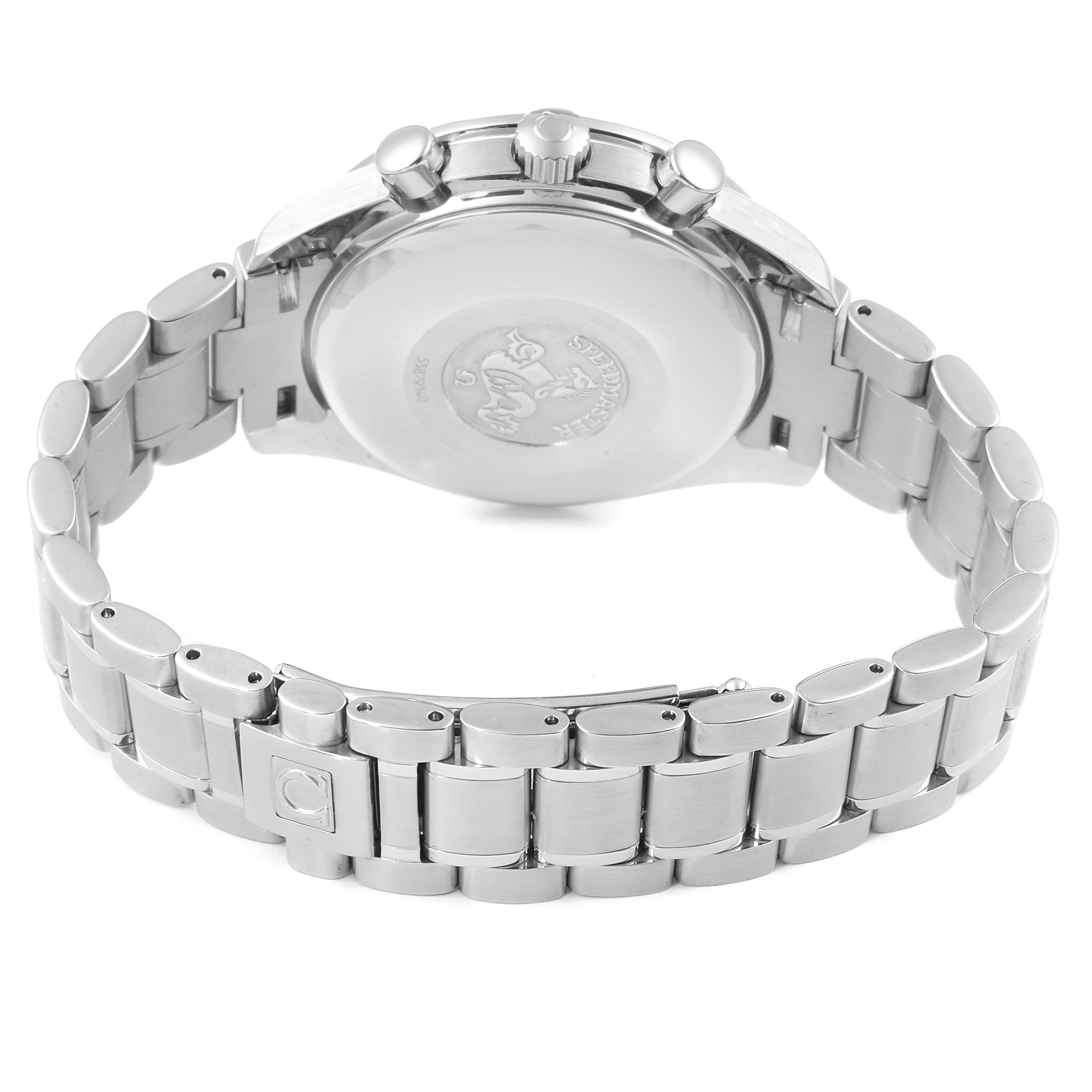 The image shows the back side and bracelet of an Omega Speedmaster 3513.33.00 Men
s Stainless Steel White Dial 3513.33.00 Men
s Stainless Steel White Dial watch, highlighting the case back, pushers, crown, and clasp.