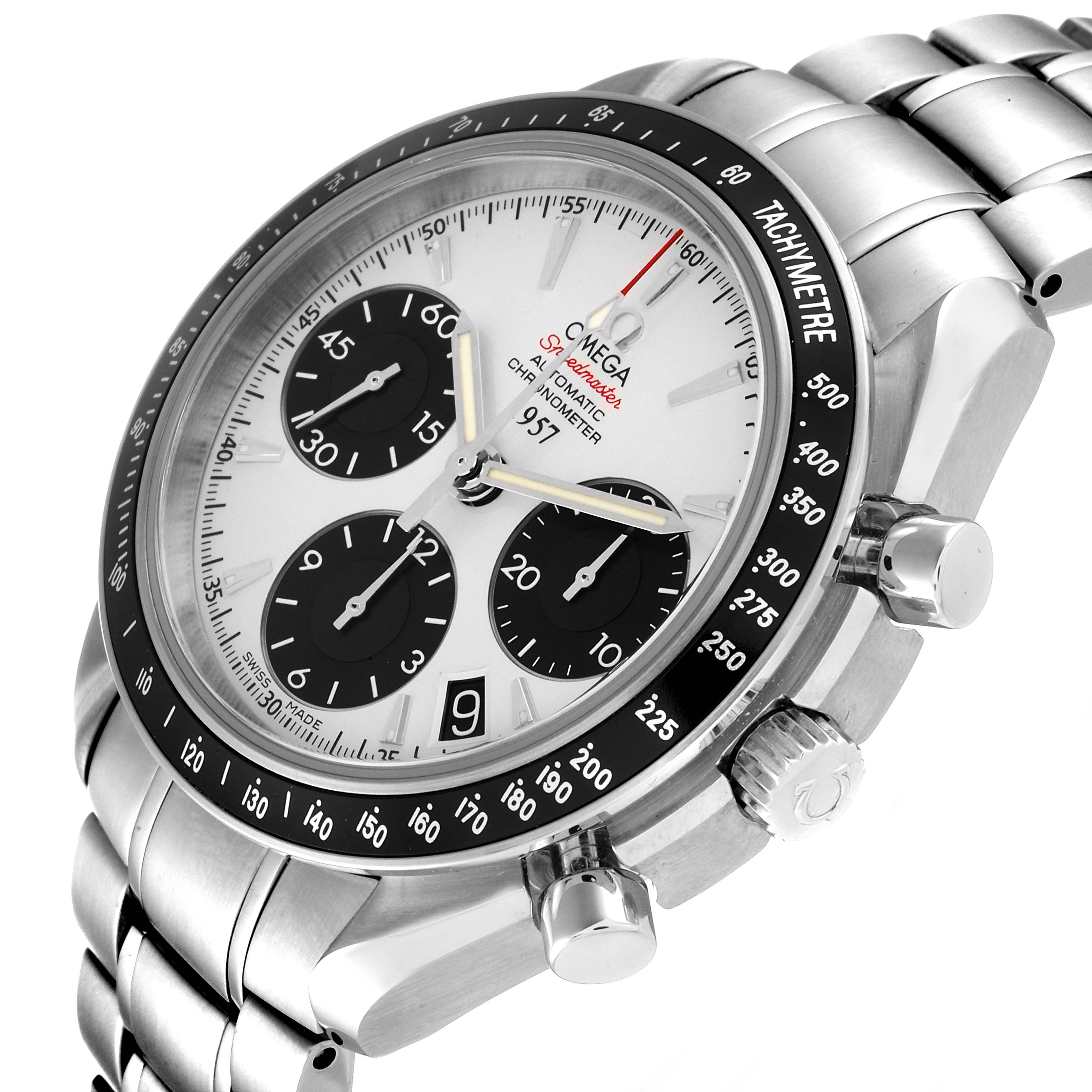 The image shows an Omega Speedmaster 323.30.40.40.02.001 Men's Stainless Steel White Dial 323.30.40.40.02.001 Men's Stainless Steel White Dial watch from a front angle highlighting its dial, tachymeter bezel, and stainless steel bracelet.