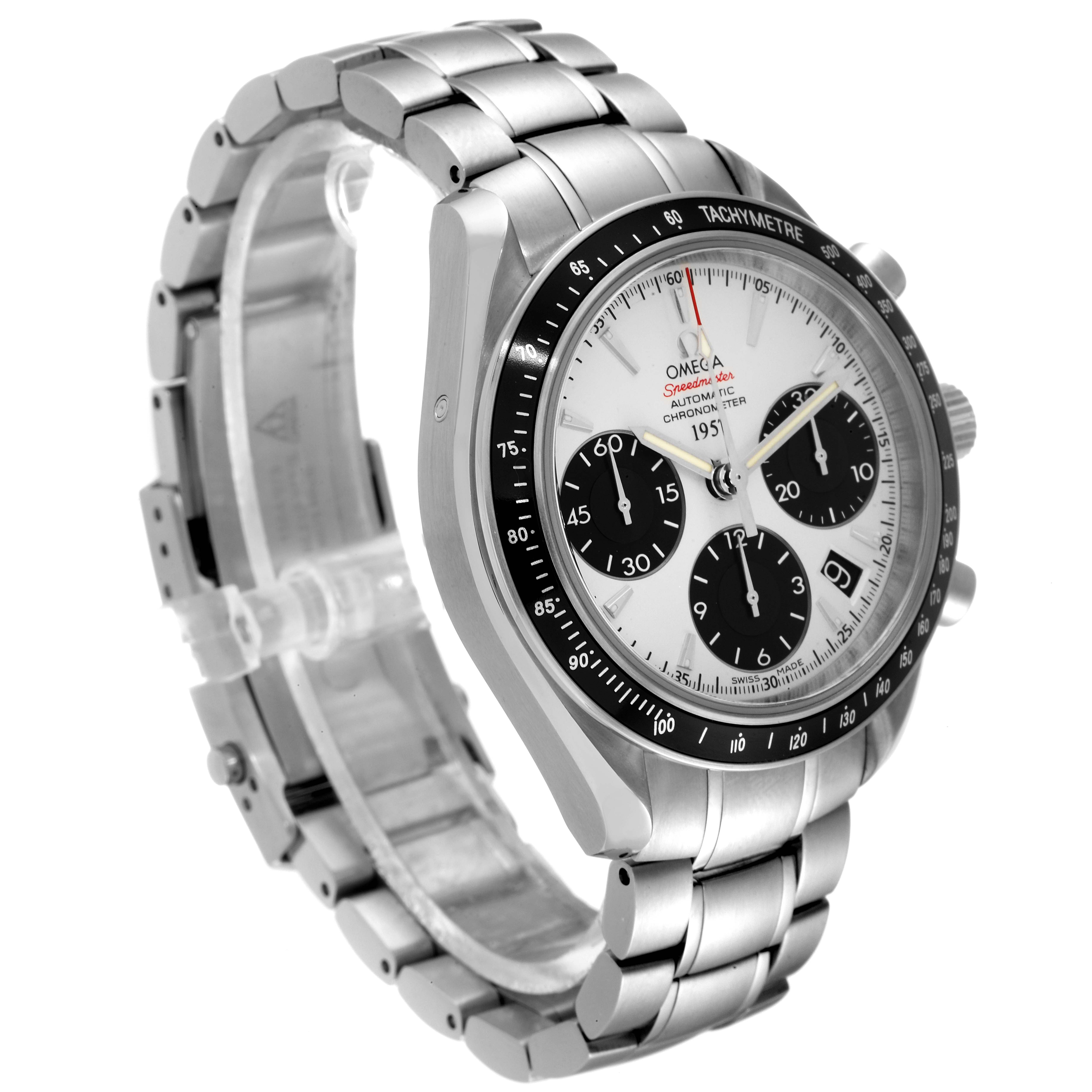 This image shows a side-front angle of an Omega Speedmaster 323.30.40.40.02.001 Men's Stainless Steel White Dial 323.30.40.40.02.001 Men's Stainless Steel White Dial watch, highlighting the face, bezel, and stainless steel bracelet.