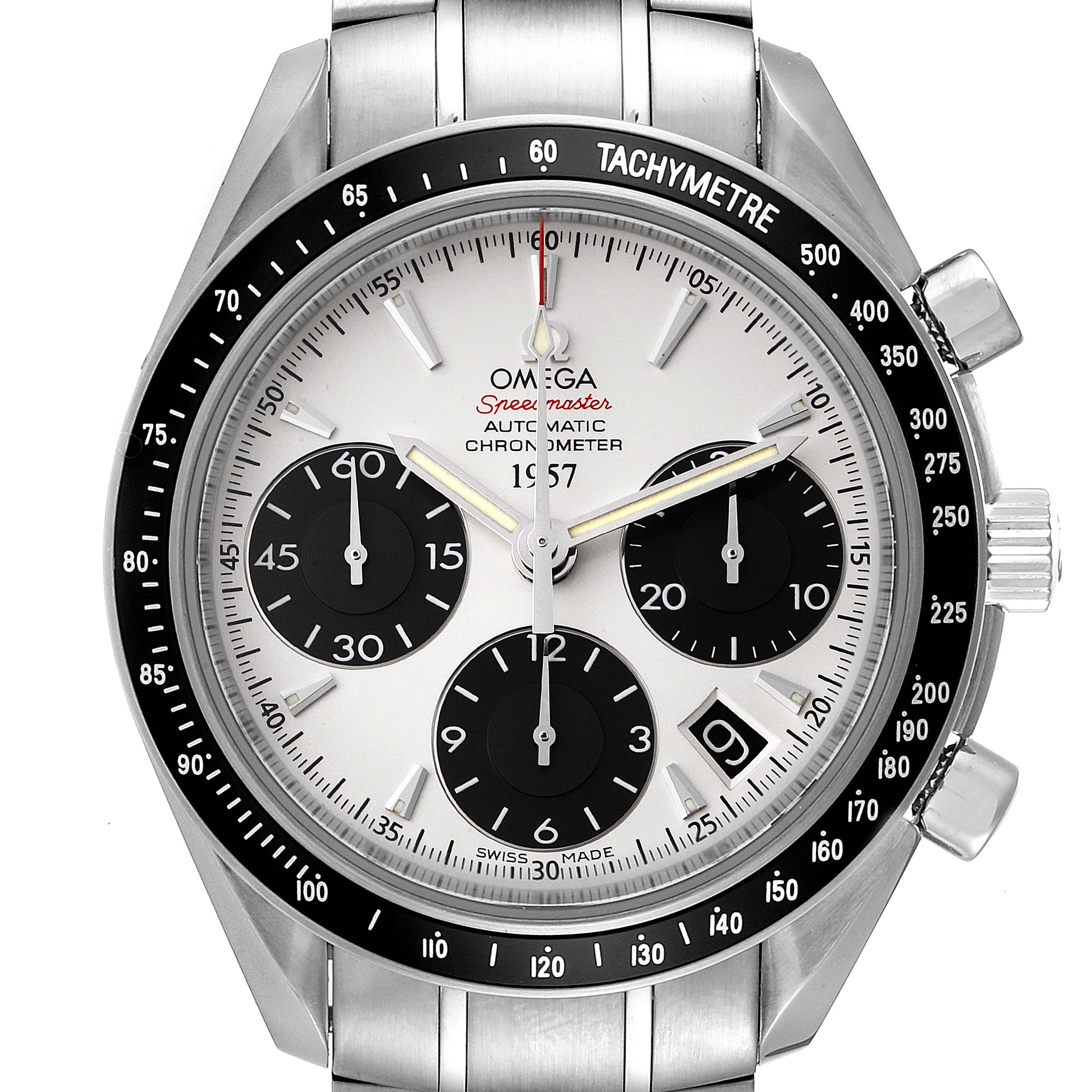 This image shows a front view of the Omega Speedmaster 323.30.40.40.02.001 Men's Stainless Steel White Dial 323.30.40.40.02.001 Men's Stainless Steel White Dial watch, highlighting its dial, bezel, markers, and sub-dials.
