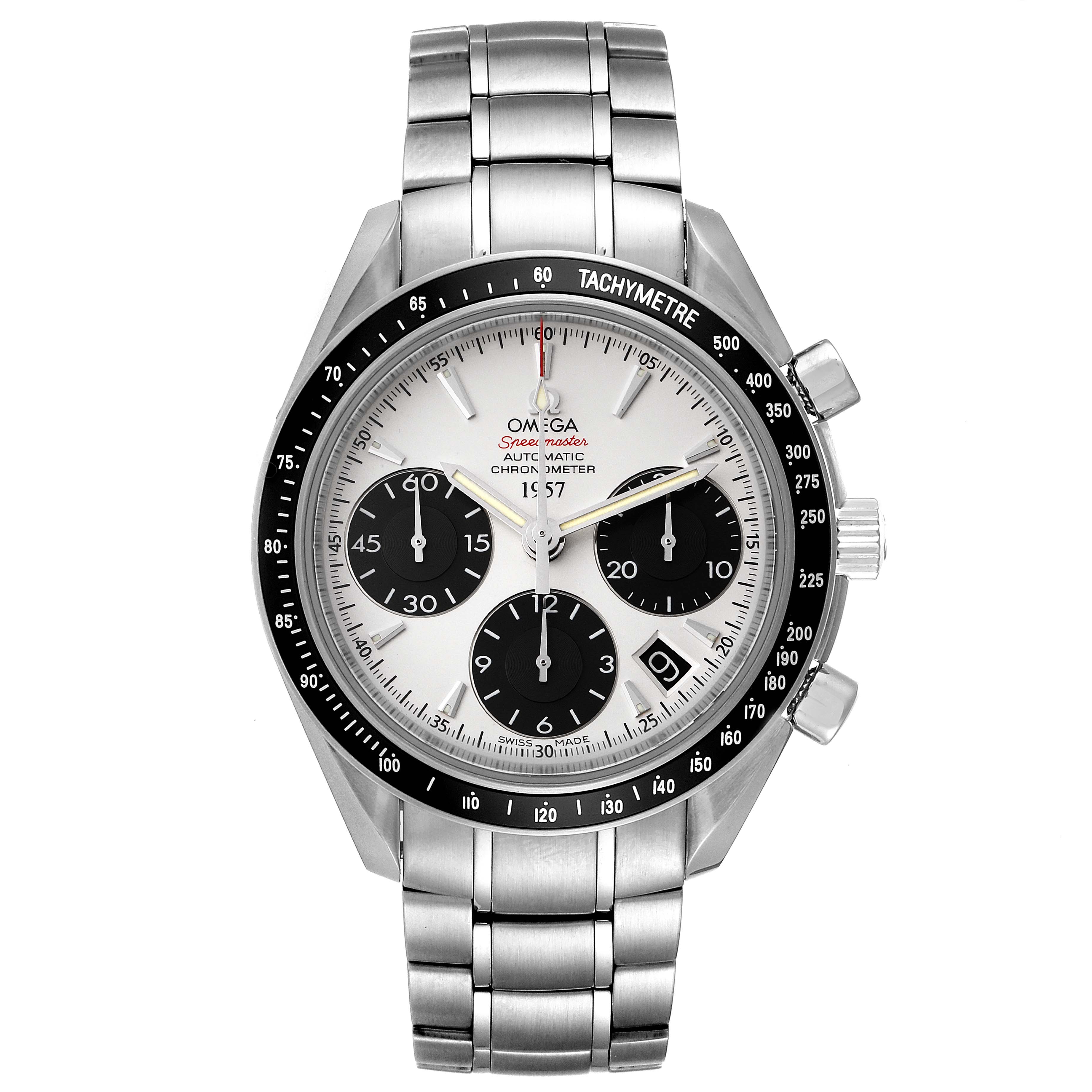 This image shows a front view of the Omega Speedmaster 323.30.40.40.02.001 Men's Stainless Steel White Dial 323.30.40.40.02.001 Men's Stainless Steel White Dial watch, highlighting its face, bezel, and stainless steel bracelet.