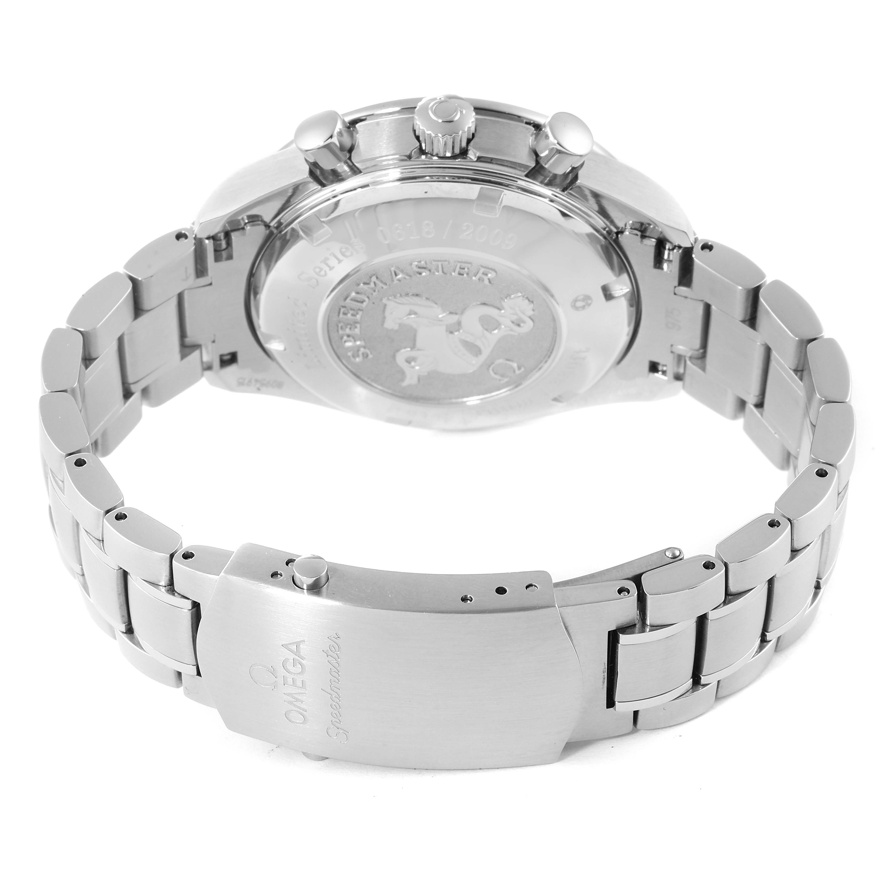 The image shows the back and bracelet of the Omega Speedmaster 323.30.40.40.02.001 Men's Stainless Steel White Dial 323.30.40.40.02.001 Men's Stainless Steel White Dial watch, highlighting the clasp, engraved case back, and metal links.