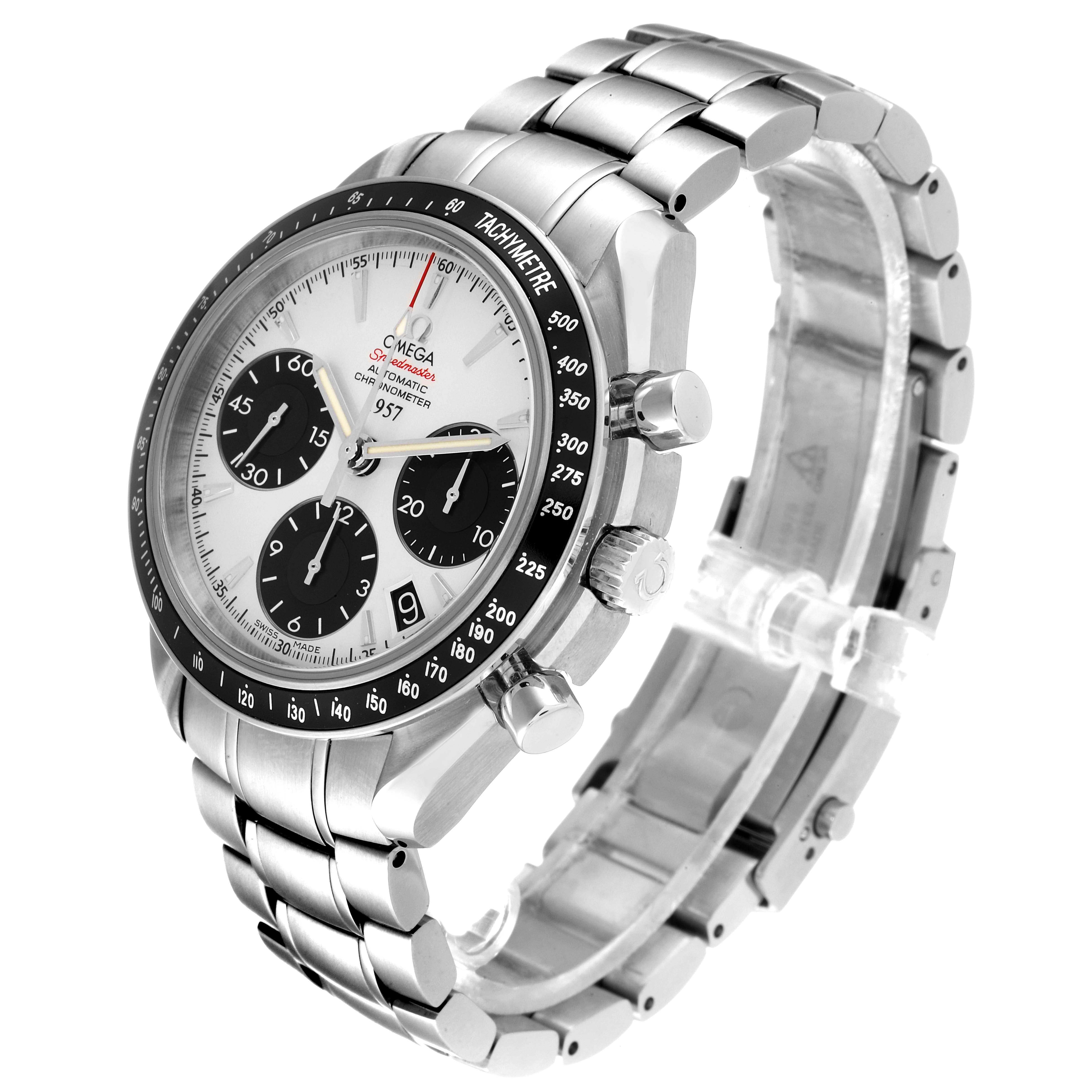 The image shows an Omega Speedmaster 323.30.40.40.02.001 Men's Stainless Steel White Dial 323.30.40.40.02.001 Men's Stainless Steel White Dial watch from a three-quarter angle, highlighting the face, bezel, pushers, and bracelet.