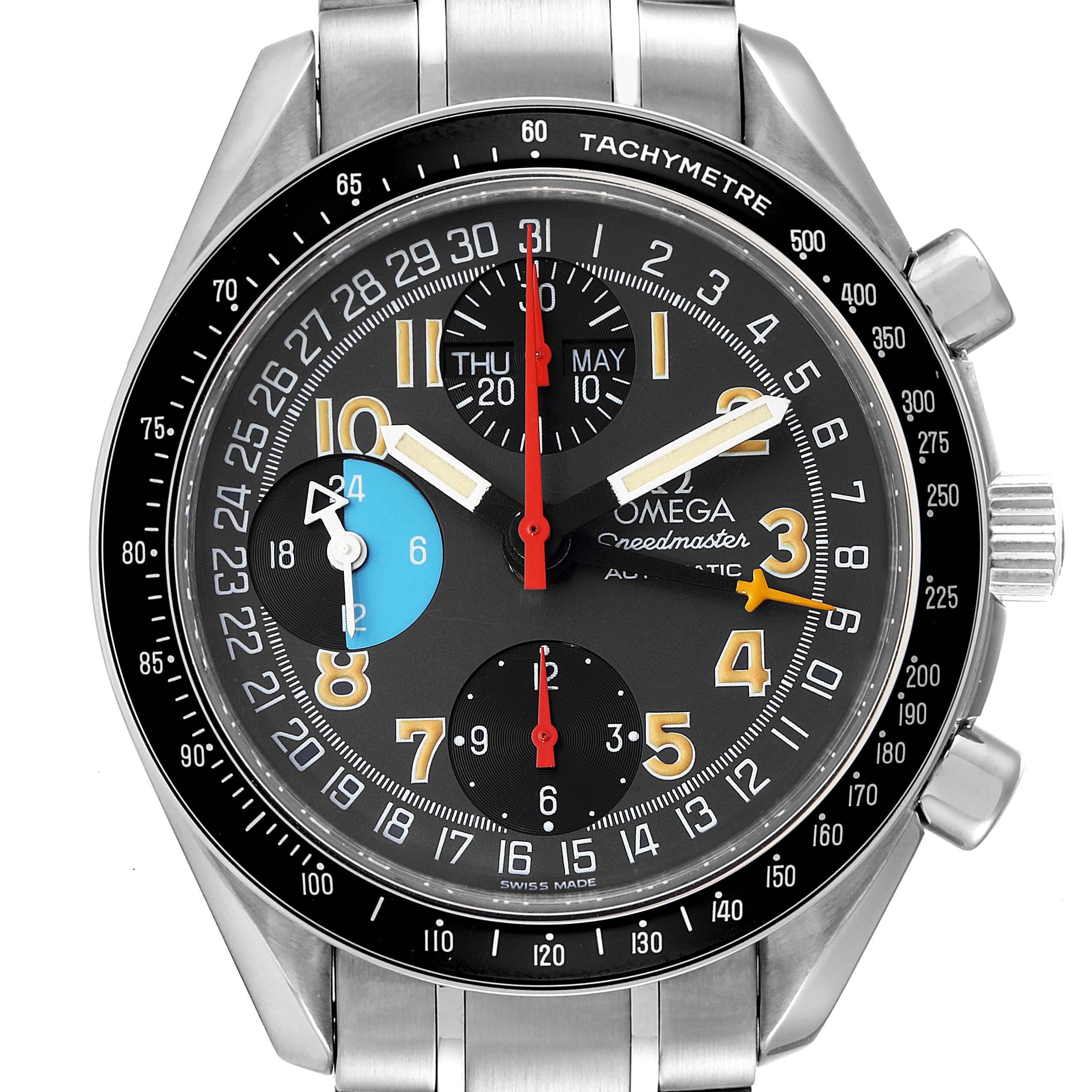 The image shows a front view of the Omega Speedmaster 3520.53.00 Men
s Stainless Steel Grey Dial 3520.53.00 Men
s Stainless Steel Grey Dial watch, highlighting its dial, buttons, and tachymeter bezel.