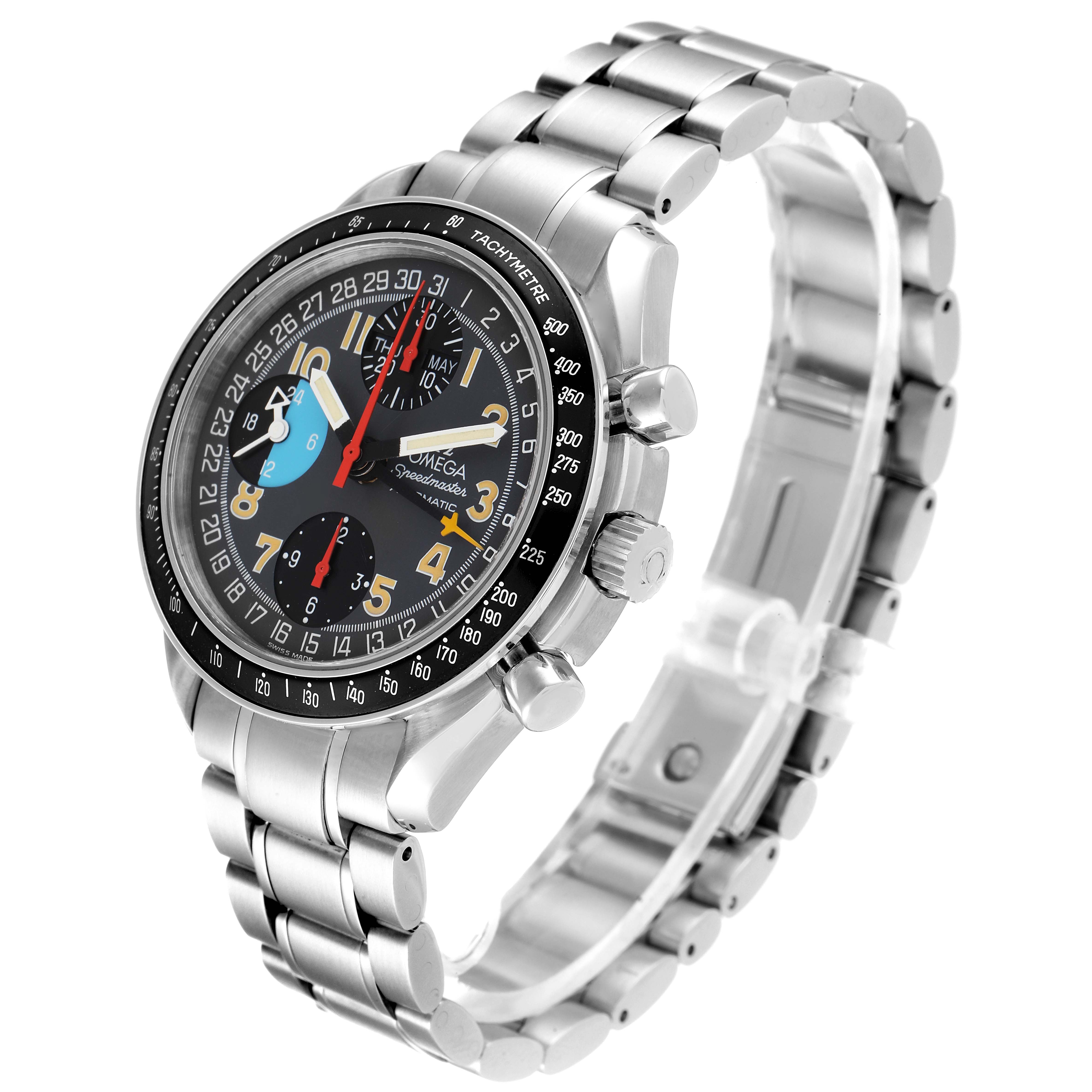 This image shows an Omega Speedmaster 3520.53.00 Men
s Stainless Steel Grey Dial 3520.53.00 Men
s Stainless Steel Grey Dial watch at an angle showcasing the bezel, dial, crown, pushers, and part of the bracelet.