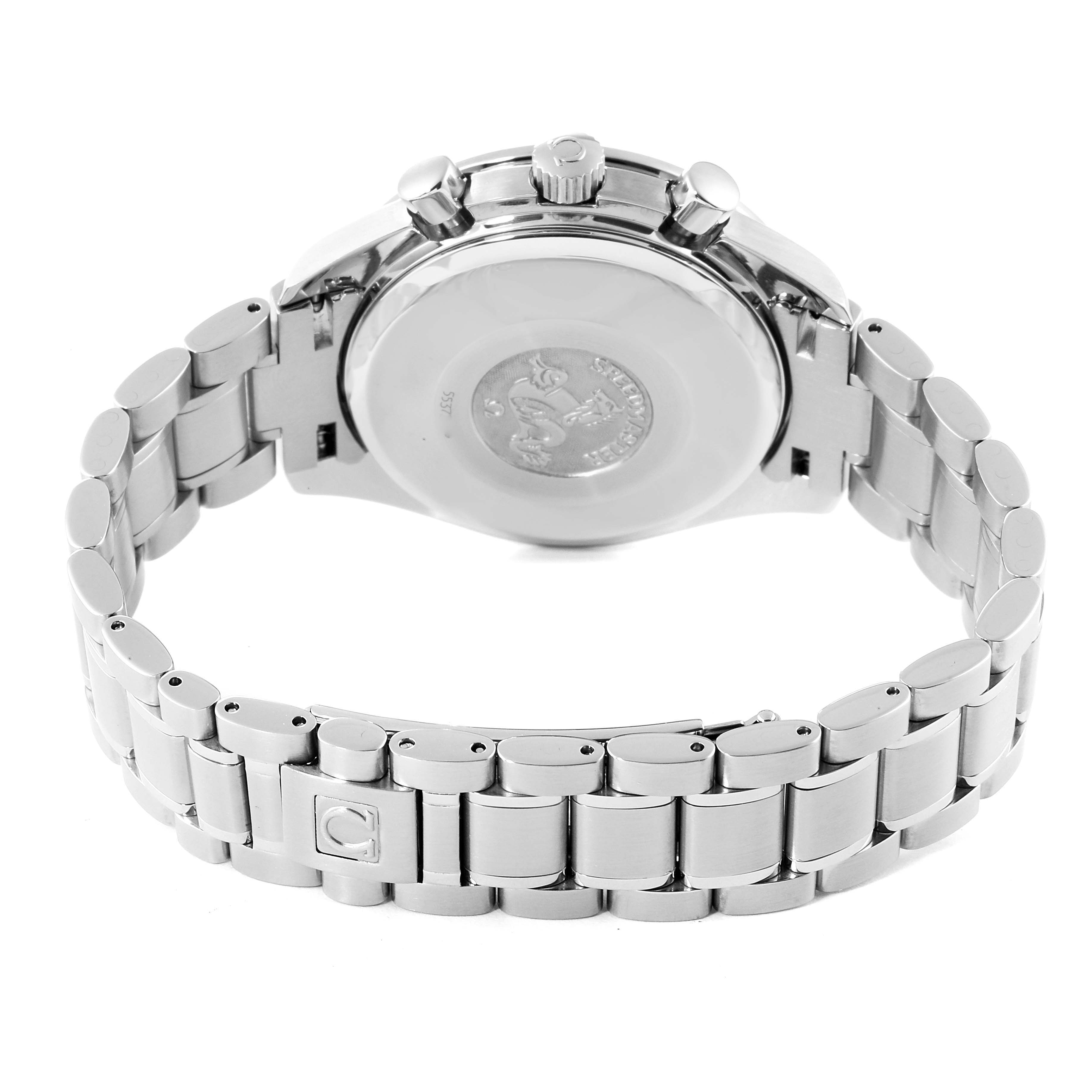 The image shows the back case and bracelet of an Omega Speedmaster 3520.53.00 Men
s Stainless Steel Grey Dial 3520.53.00 Men
s Stainless Steel Grey Dial watch from a rear angle.
