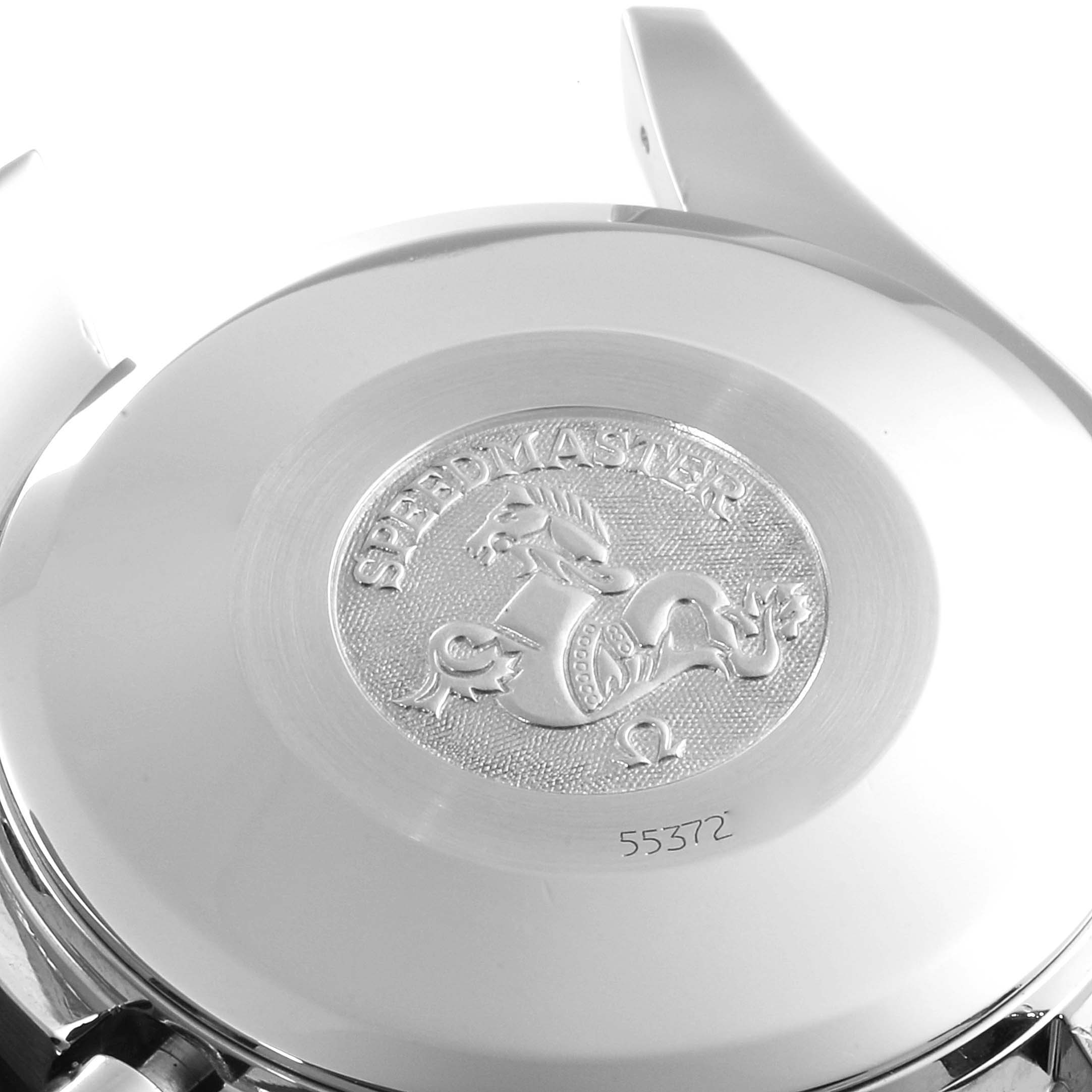 This image shows the case back of an Omega Speedmaster 3520.53.00 Men
s Stainless Steel Grey Dial 3520.53.00 Men
s Stainless Steel Grey Dial watch, featuring its emblem and the engraved model name.