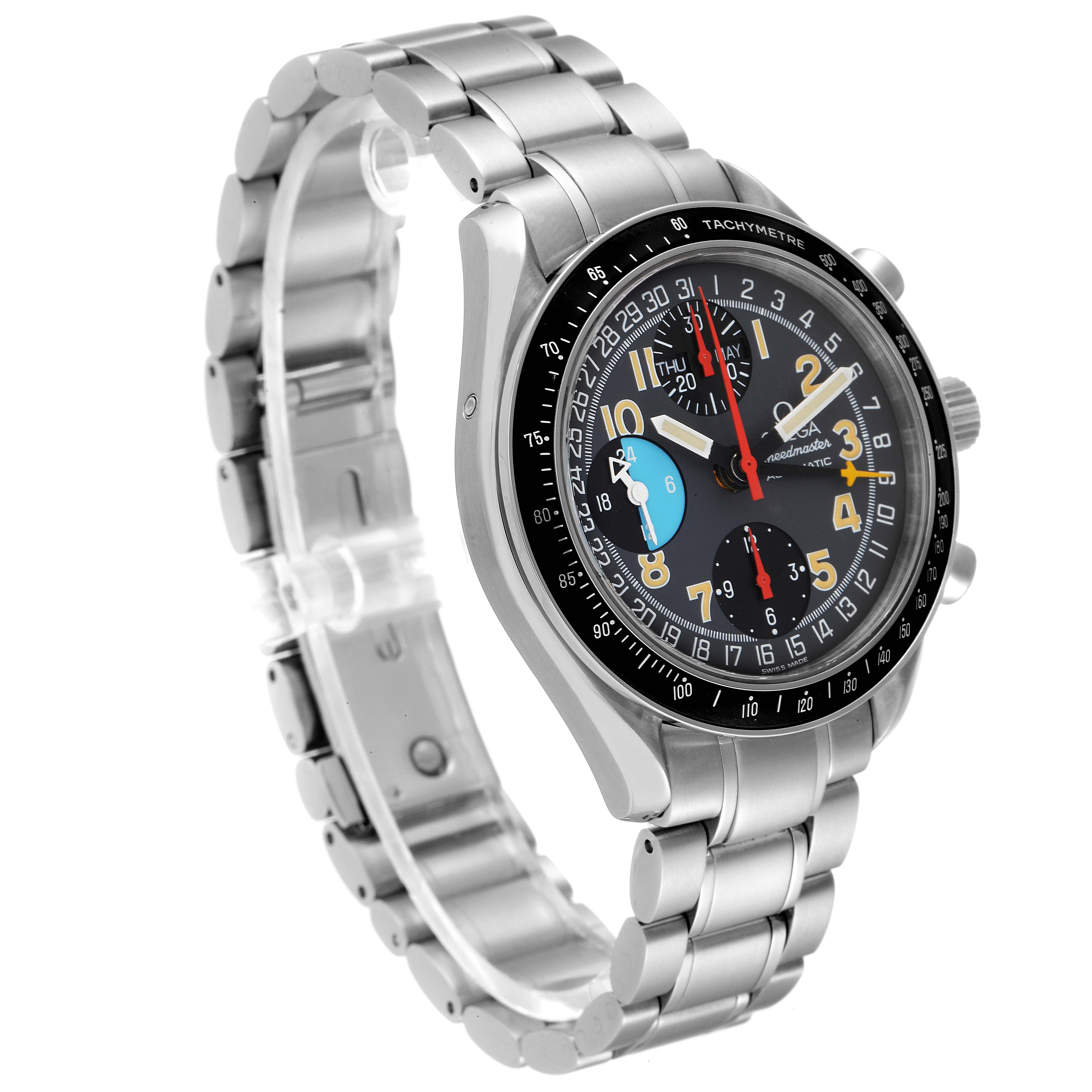 The image shows the Omega Speedmaster 3520.53.00 Men
s Stainless Steel Grey Dial 3520.53.00 Men
s Stainless Steel Grey Dial watch at an angled front view, showcasing its dial, bezel, and bracelet.