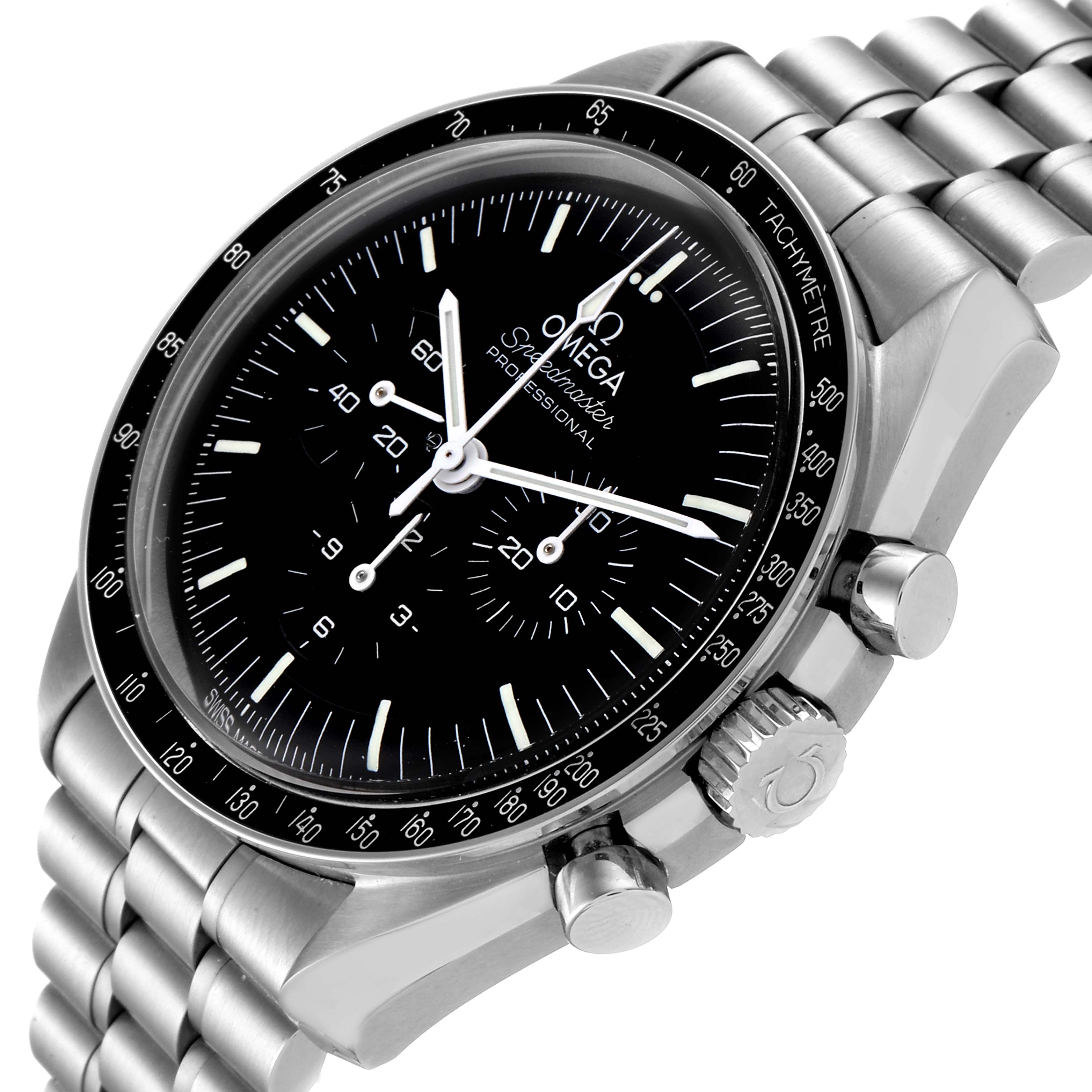 The Omega Speedmaster 310.30.42.50.01.001 Men's Stainless Steel Black Dial 310.30.42.50.01.001 Men's Stainless Steel Black Dial watch is shown at a three-quarter angle, highlighting the face, crown, pushers, and bracelet.