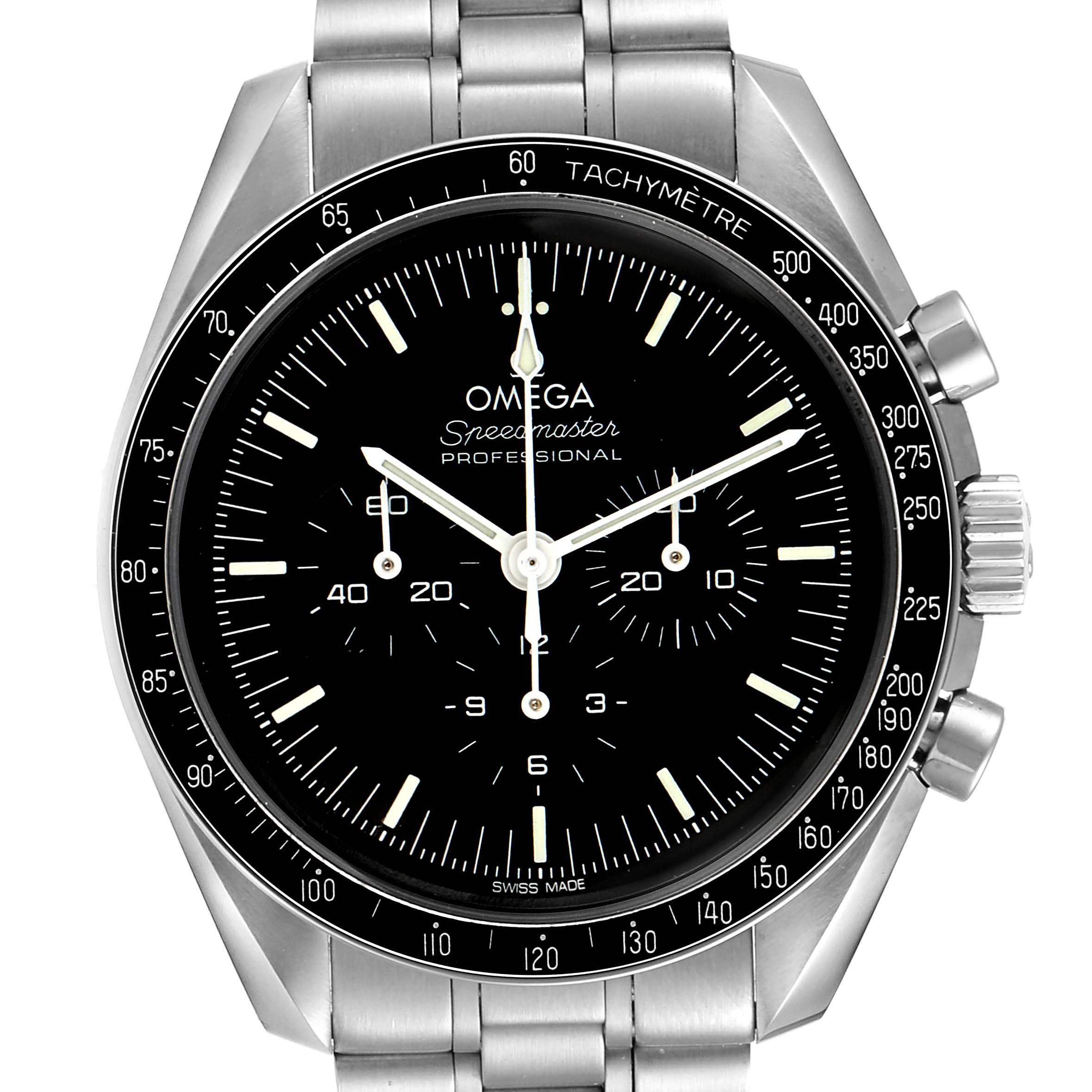 The image shows a front view of the Omega Speedmaster 310.30.42.50.01.001 Men's Stainless Steel Black Dial 310.30.42.50.01.001 Men's Stainless Steel Black Dial Professional watch, highlighting the dial, tachymeter bezel, and stainless steel bracelet.
