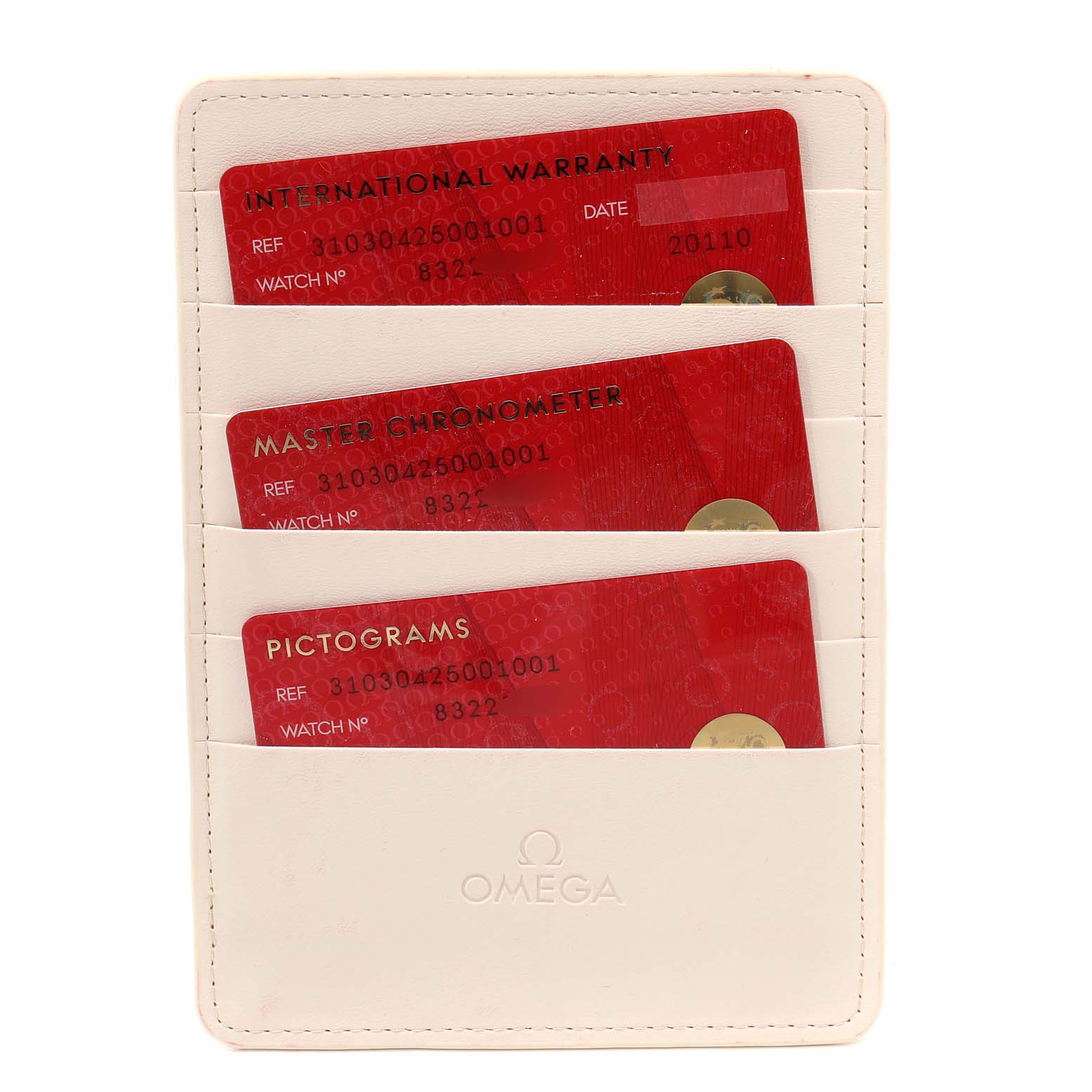 The image shows a cardholder with warranty and certification cards for the Omega Speedmaster 310.30.42.50.01.001 Men's Stainless Steel Black Dial 310.30.42.50.01.001 Men's Stainless Steel Black Dial model watch.