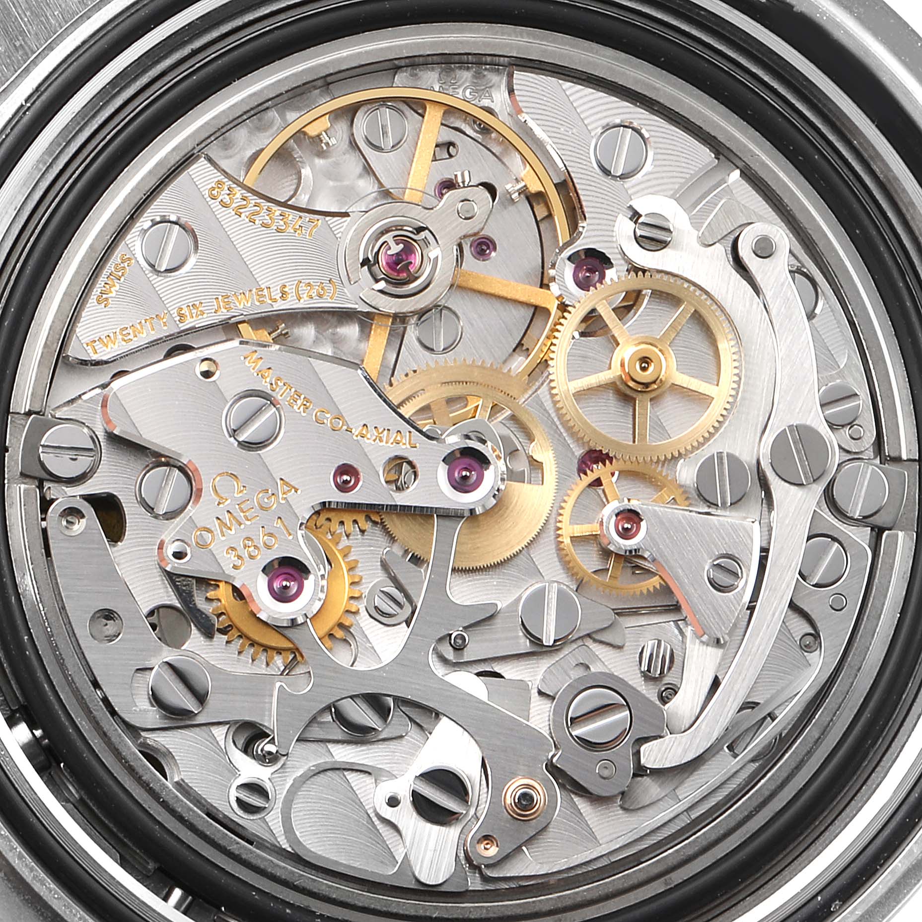 This image shows the intricate inner mechanics of the Omega Speedmaster 310.30.42.50.01.001 Men's Stainless Steel Black Dial 310.30.42.50.01.001 Men's Stainless Steel Black Dial watch from a close-up, rear angle.