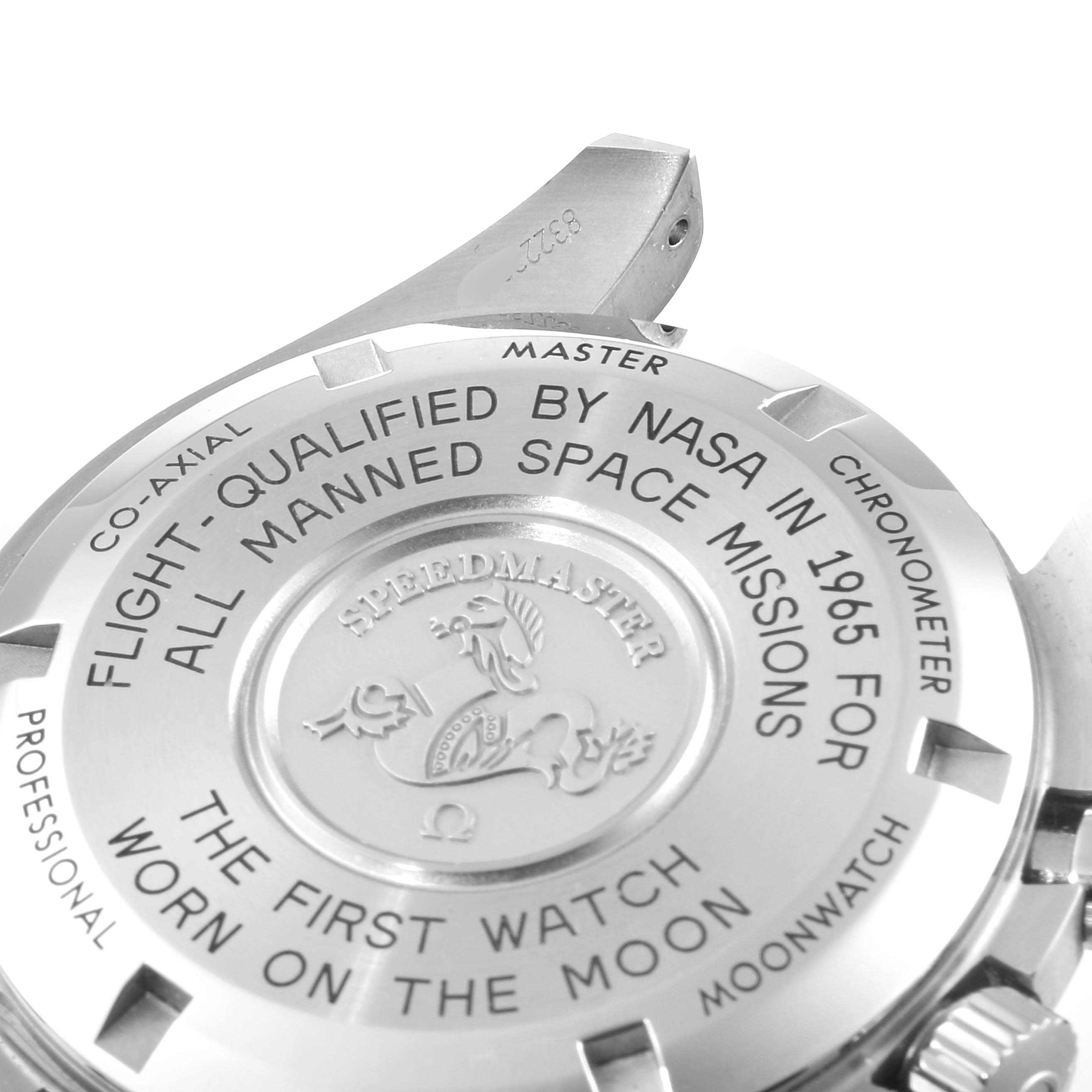 The image shows the back of the Omega Speedmaster 310.30.42.50.01.001 Men's Stainless Steel Black Dial 310.30.42.50.01.001 Men's Stainless Steel Black Dial watch, highlighting NASA qualifications and lunar mission inscriptions.