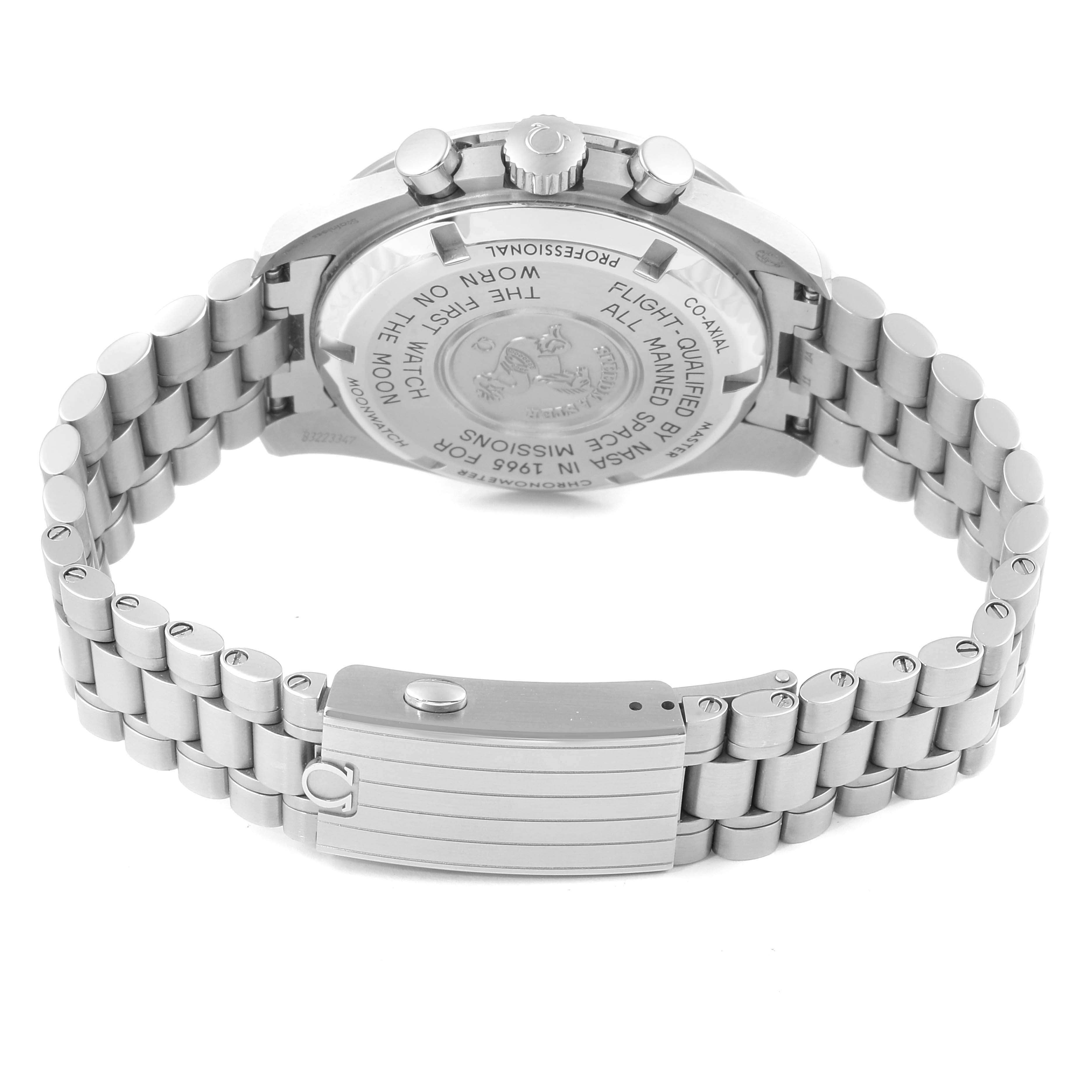 The image shows the back case, crown, pushers, and bracelet of an Omega Speedmaster 310.30.42.50.01.001 Men's Stainless Steel Black Dial 310.30.42.50.01.001 Men's Stainless Steel Black Dial watch from a rear angle.