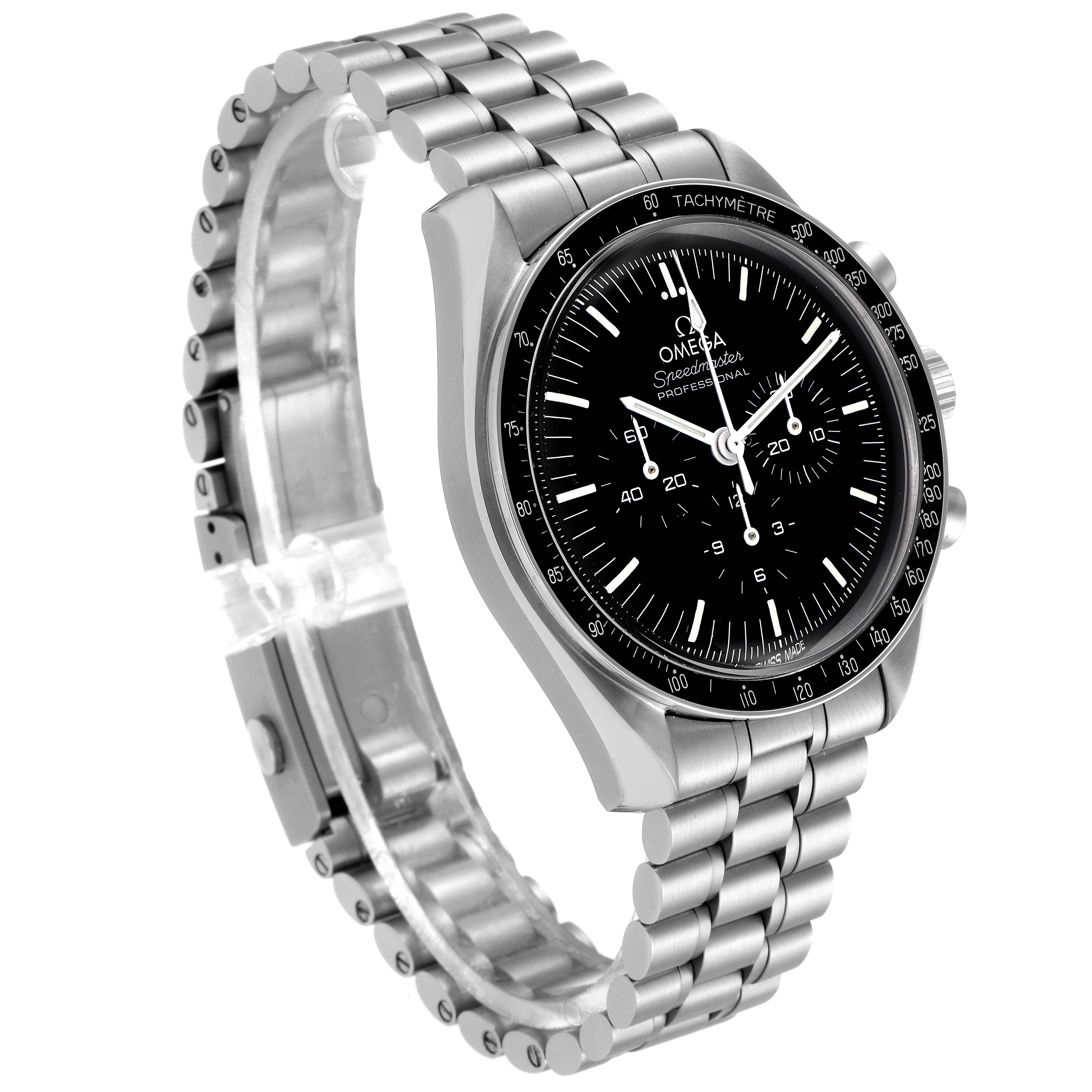 This image shows an Omega Speedmaster 310.30.42.50.01.001 Men's Stainless Steel Black Dial 310.30.42.50.01.001 Men's Stainless Steel Black Dial watch at a three-quarter angle, showcasing its face, bezel, and stainless steel bracelet.