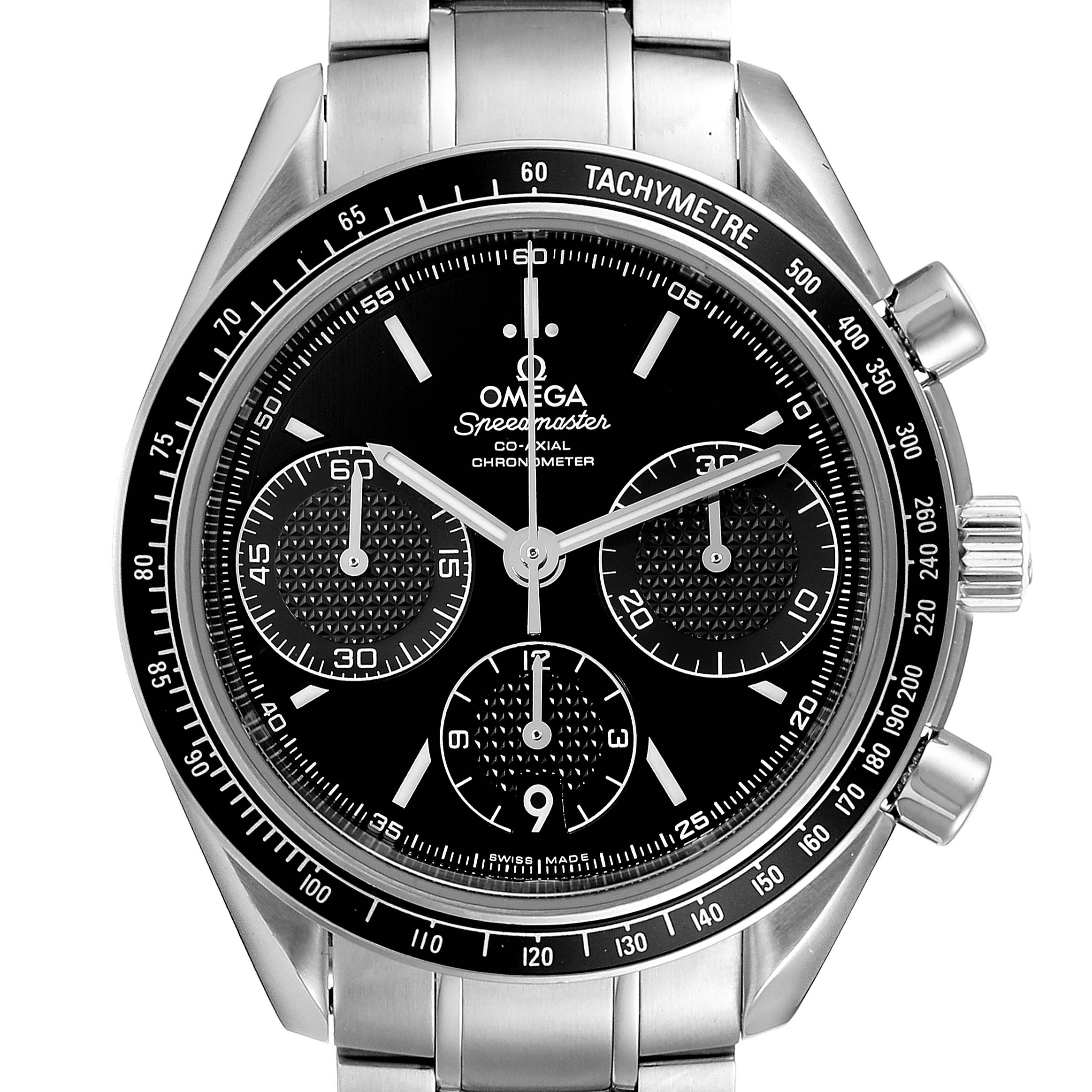 The image shows a front view of the Omega Speedmaster 326.30.40.50.01.001 Men
s Stainless Steel Black Dial 326.30.40.50.01.001 Men
s Stainless Steel Black Dial watch, highlighting its dial, subdials, bezel, and stainless steel strap.