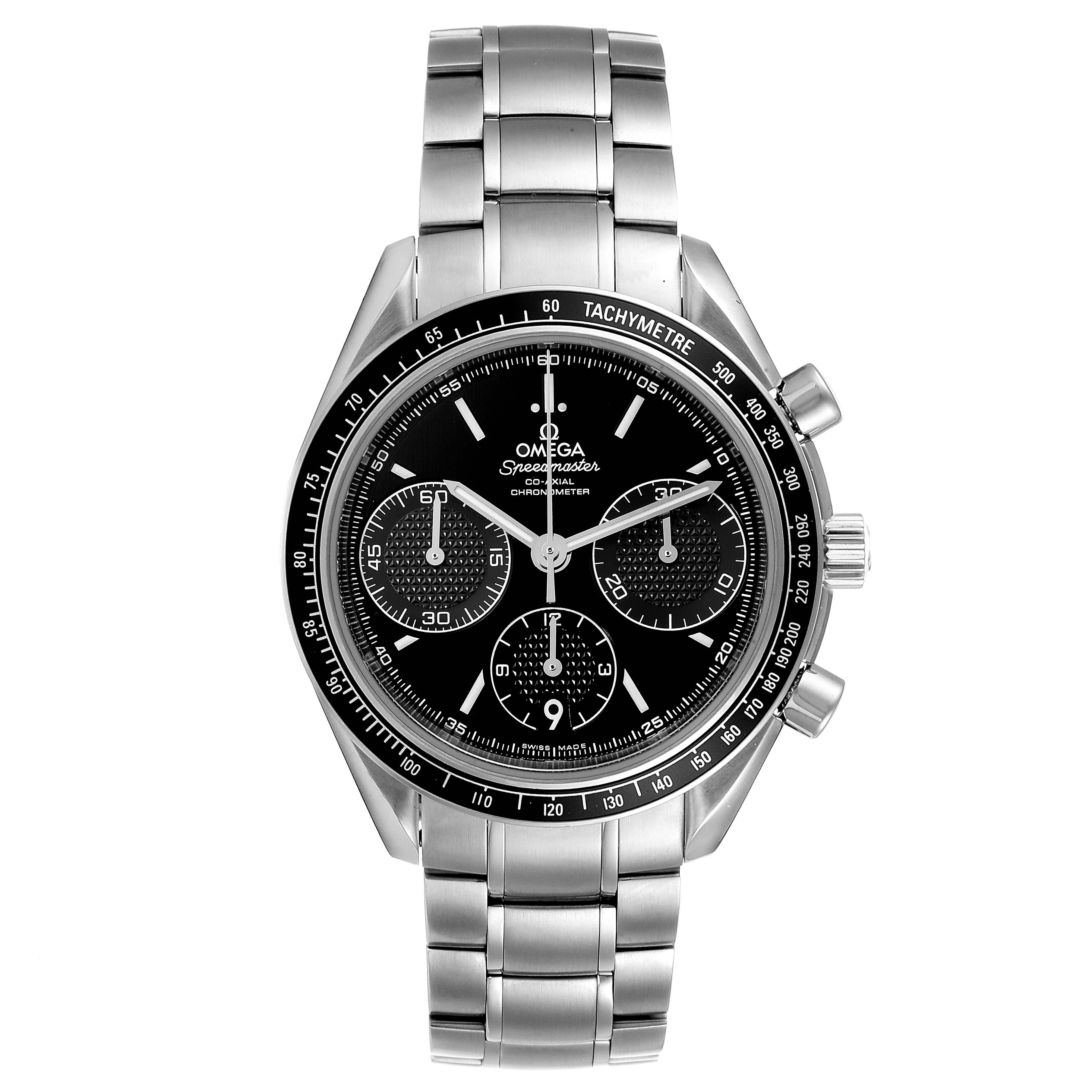 The image shows a front view of the Omega Speedmaster 326.30.40.50.01.001 Men
s Stainless Steel Black Dial 326.30.40.50.01.001 Men
s Stainless Steel Black Dial watch, highlighting its dial, bezel, and bracelet.