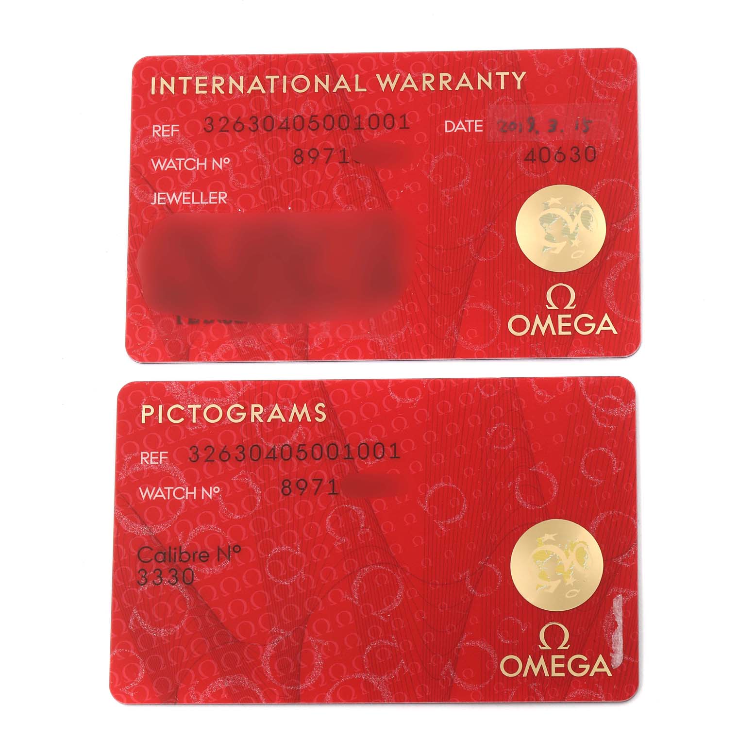 The image shows two Omega Speedmaster 326.30.40.50.01.001 Men
s Stainless Steel Black Dial 326.30.40.50.01.001 Men
s Stainless Steel Black Dial cards: an International Warranty card and a Pictograms card.