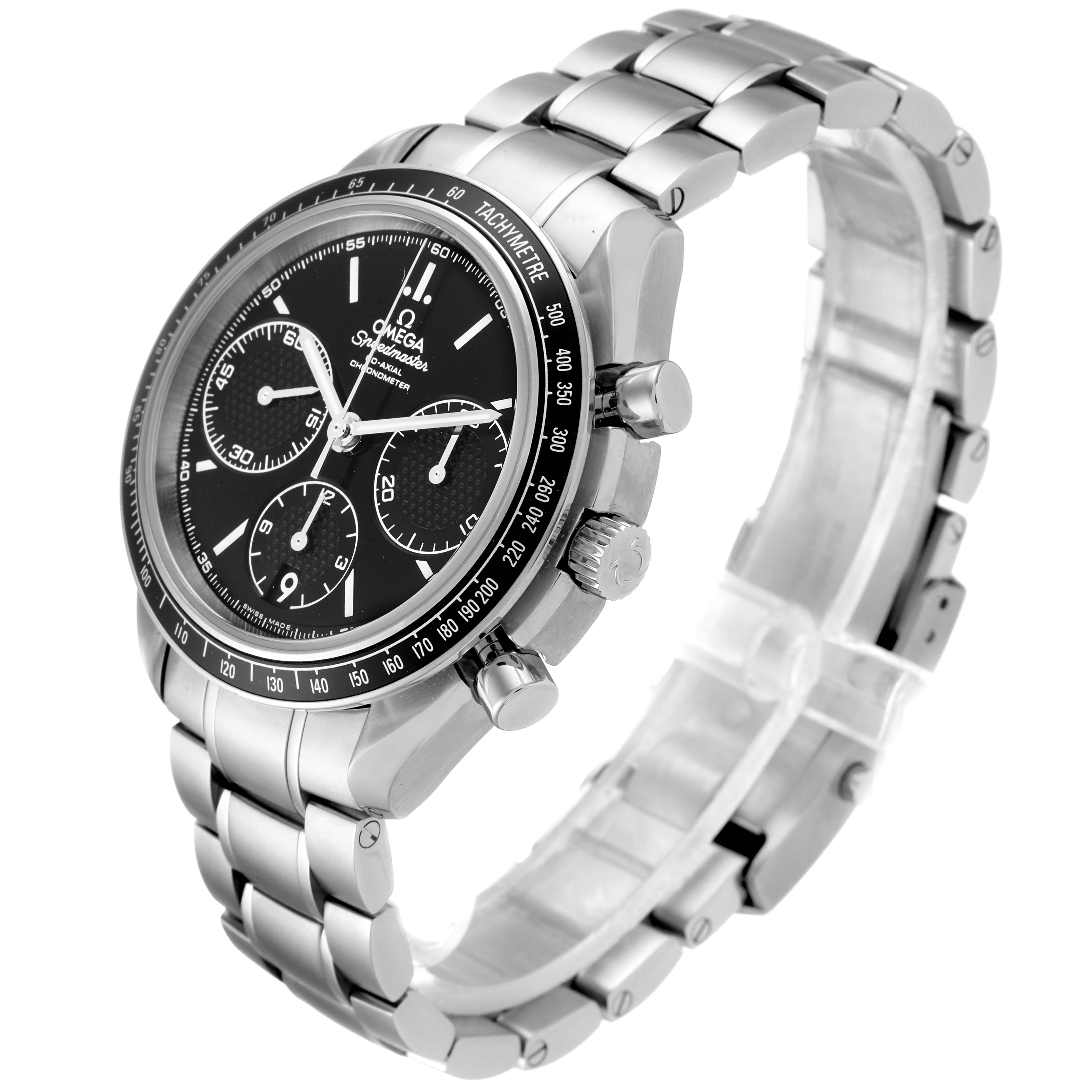 The image shows a side and front angle view of an Omega Speedmaster 326.30.40.50.01.001 Men
s Stainless Steel Black Dial 326.30.40.50.01.001 Men
s Stainless Steel Black Dial watch, highlighting the dial, bezel, and metal bracelet.