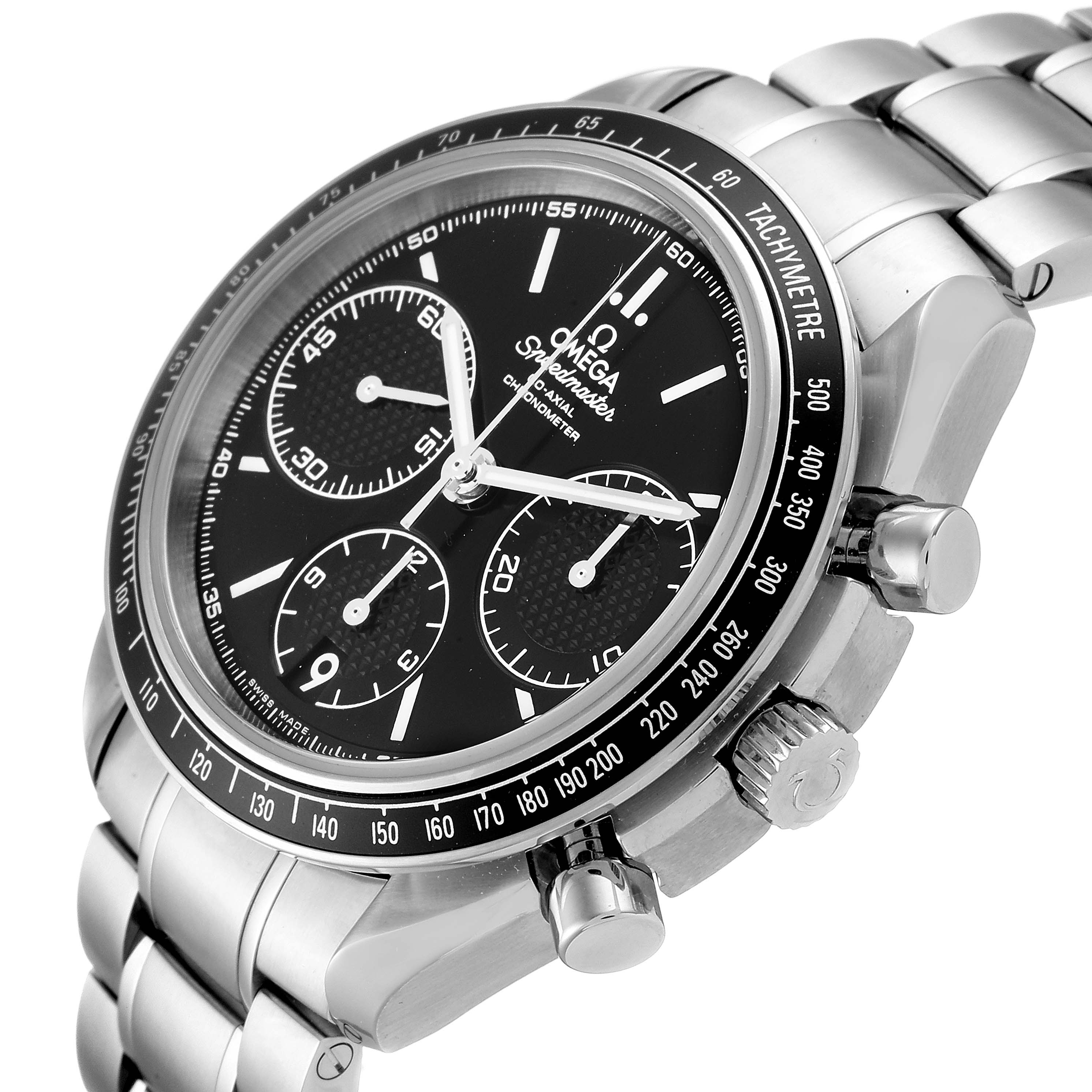The Omega Speedmaster 326.30.40.50.01.001 Men
s Stainless Steel Black Dial 326.30.40.50.01.001 Men
s Stainless Steel Black Dial watch is shown at an angled view, highlighting its dial, bezel, chronograph sub-dials, and stainless steel bracelet.
