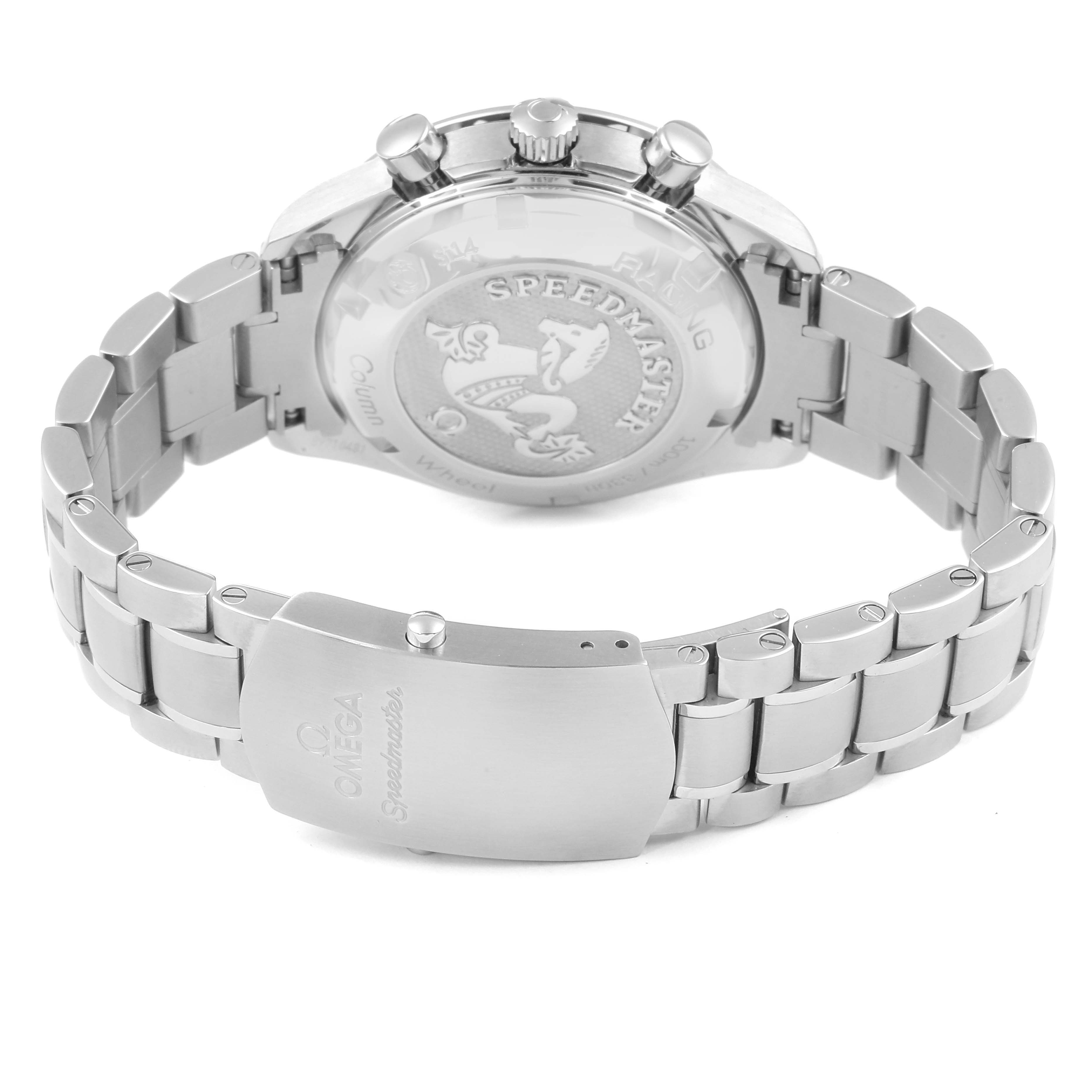 The Omega Speedmaster 326.30.40.50.01.001 Men
s Stainless Steel Black Dial 326.30.40.50.01.001 Men
s Stainless Steel Black Dial watch is shown from the back, highlighting the case back, bracelet, and clasp.