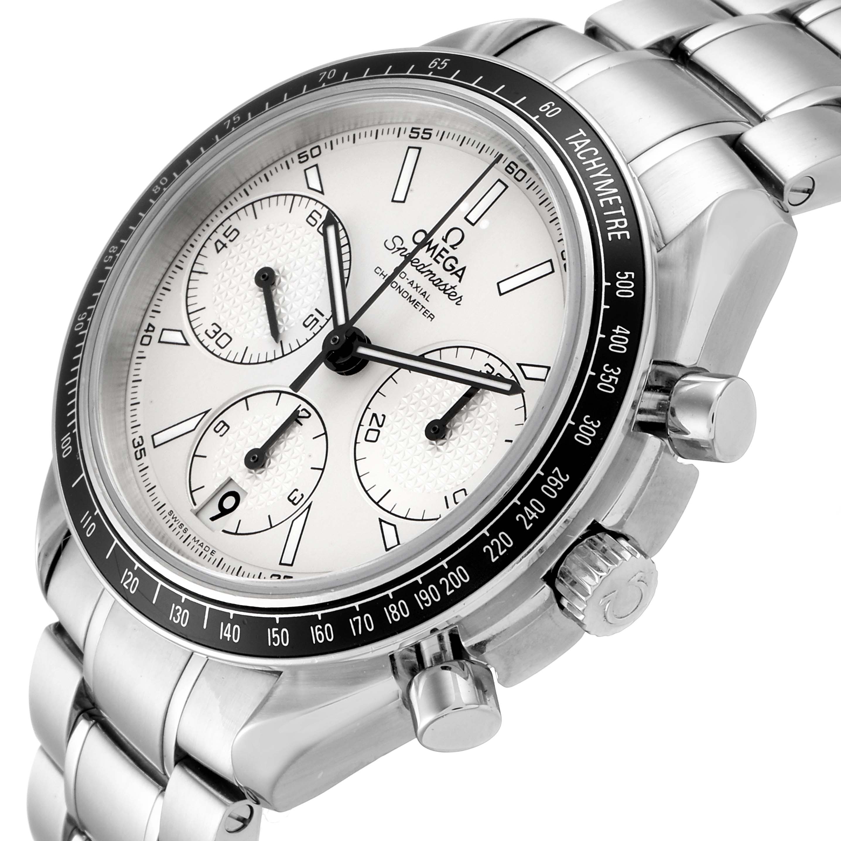 The image shows an Omega Speedmaster 326.30.40.50.02.001 Men
s Stainless Steel Silver Dial 326.30.40.50.02.001 Men
s Stainless Steel Silver Dial watch at a three-quarter angle, highlighting its tachymeter bezel, chronograph dials, and bracelet.