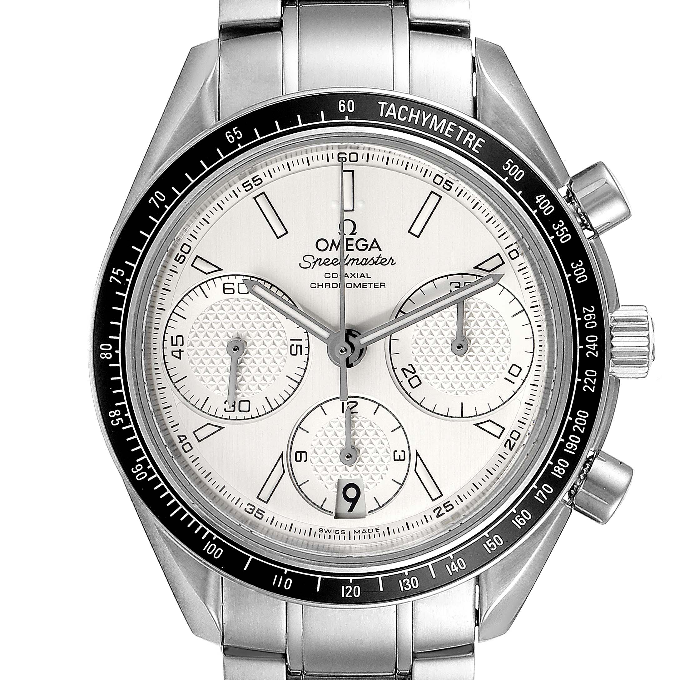 The image shows a front view of an Omega Speedmaster 326.30.40.50.02.001 Men
s Stainless Steel Silver Dial 326.30.40.50.02.001 Men
s Stainless Steel Silver Dial watch featuring its dial, chronograph subdials, and tachymeter bezel.