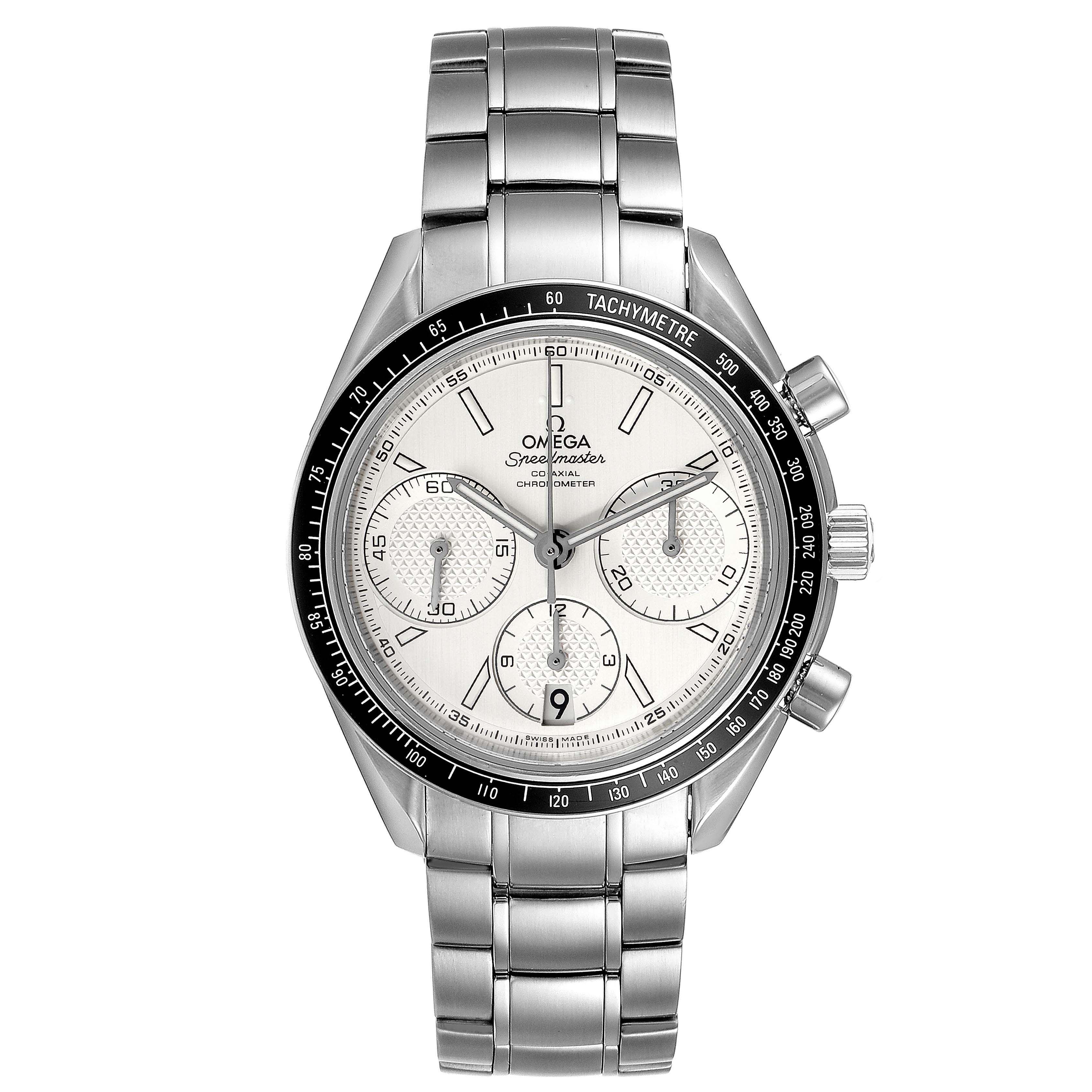 The image shows a frontal view of the Omega Speedmaster 326.30.40.50.02.001 Men
s Stainless Steel Silver Dial 326.30.40.50.02.001 Men
s Stainless Steel Silver Dial watch, displaying the dial, bezel, crown, and stainless steel bracelet.