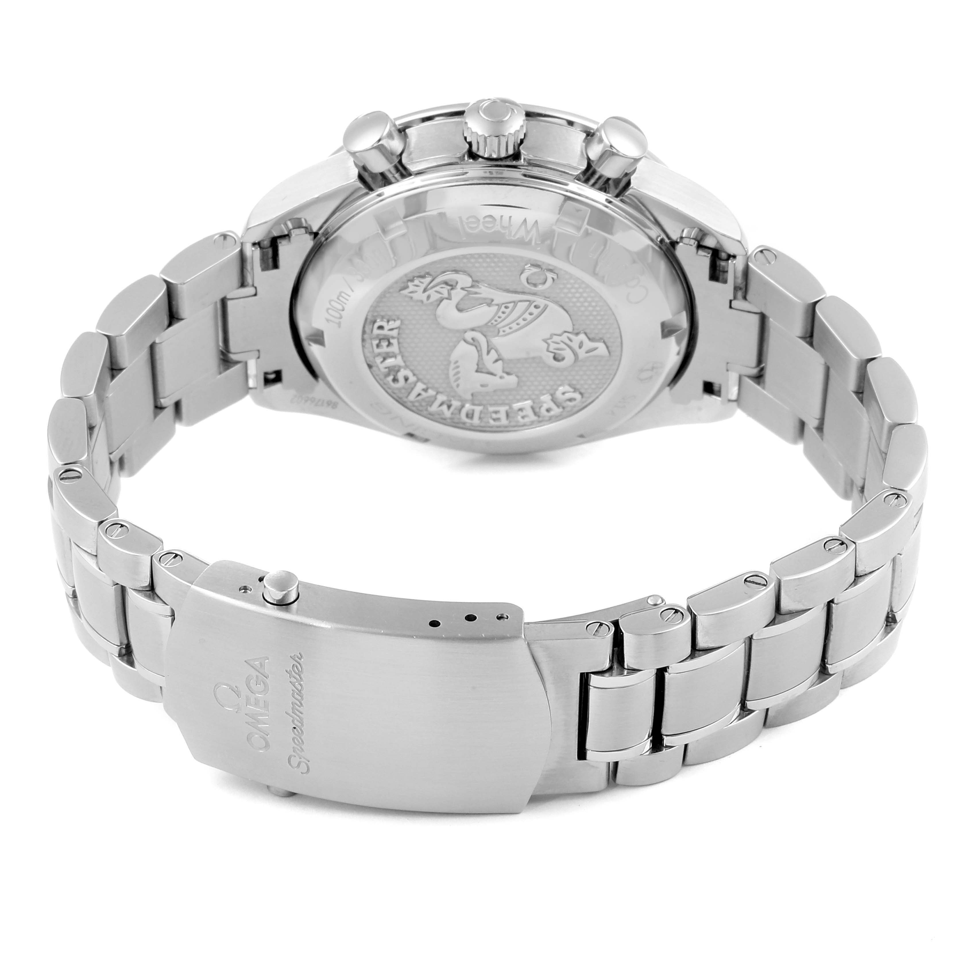 The image shows the back view of an Omega Speedmaster 326.30.40.50.02.001 Men
s Stainless Steel Silver Dial 326.30.40.50.02.001 Men
s Stainless Steel Silver Dial watch, highlighting the case back and stainless steel bracelet.