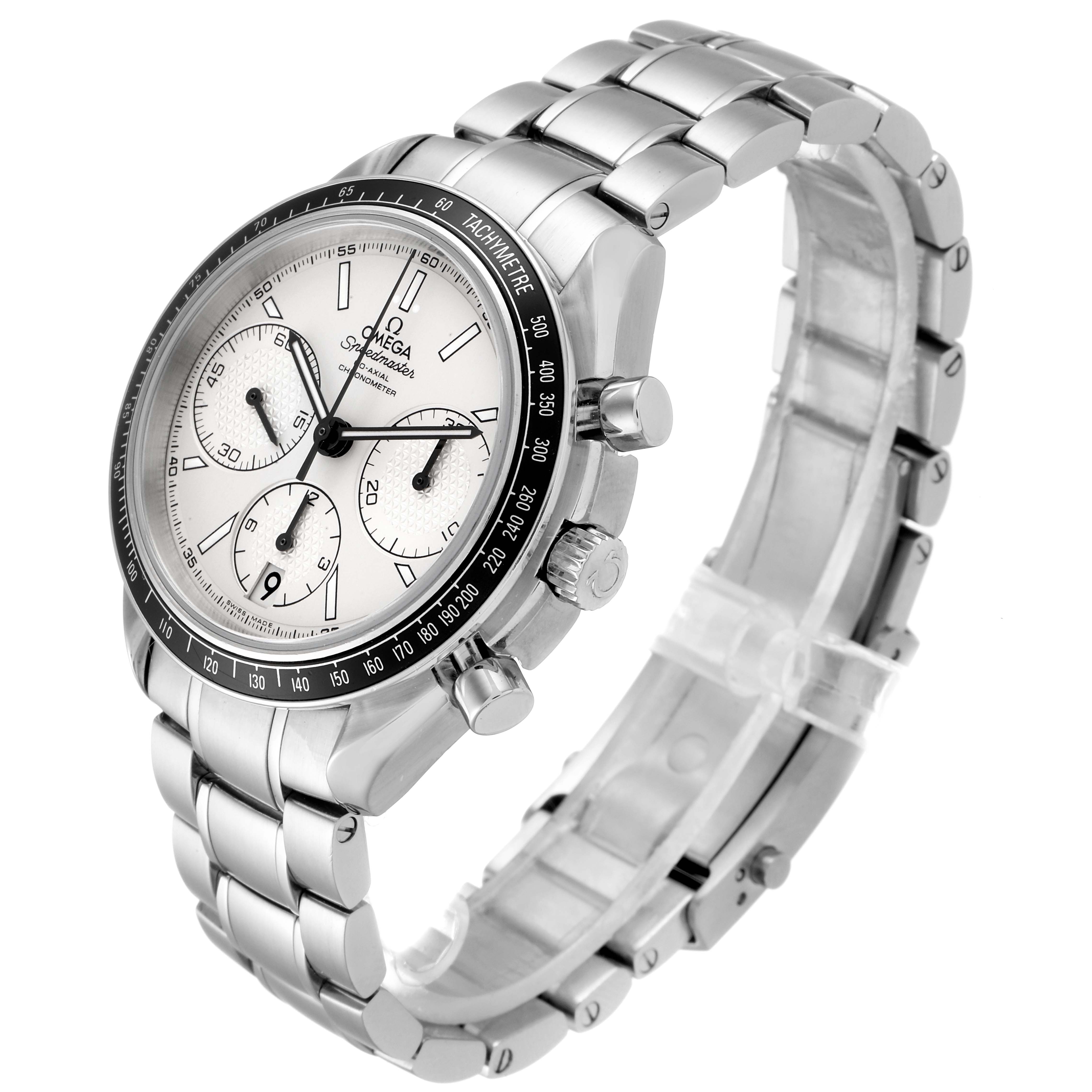 The Omega Speedmaster 326.30.40.50.02.001 Men
s Stainless Steel Silver Dial 326.30.40.50.02.001 Men
s Stainless Steel Silver Dial watch is shown at an angled view, highlighting its dial, bezel, chronograph pushers, and metal bracelet.