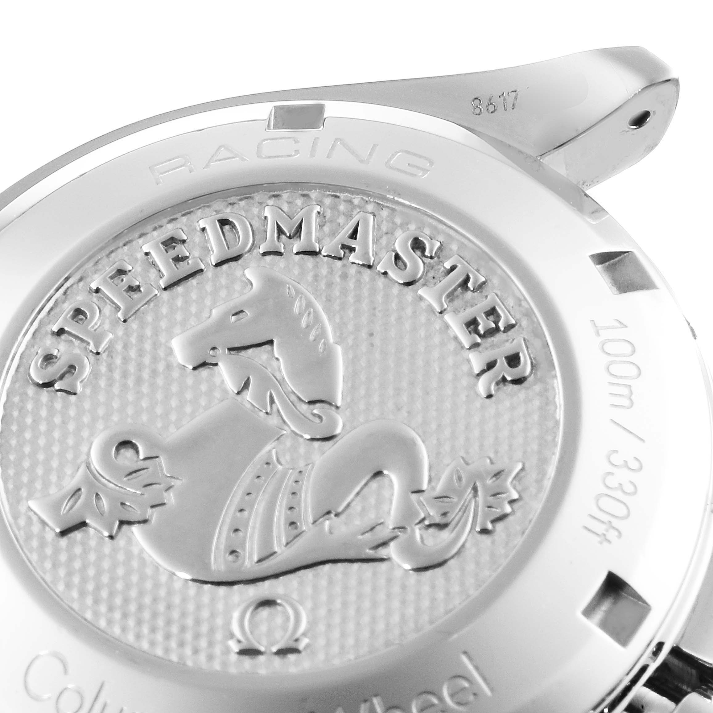 This image shows the back case of the Omega Speedmaster 326.30.40.50.02.001 Men
s Stainless Steel Silver Dial 326.30.40.50.02.001 Men
s Stainless Steel Silver Dial, highlighting the engraved logo and text detailing water resistance.