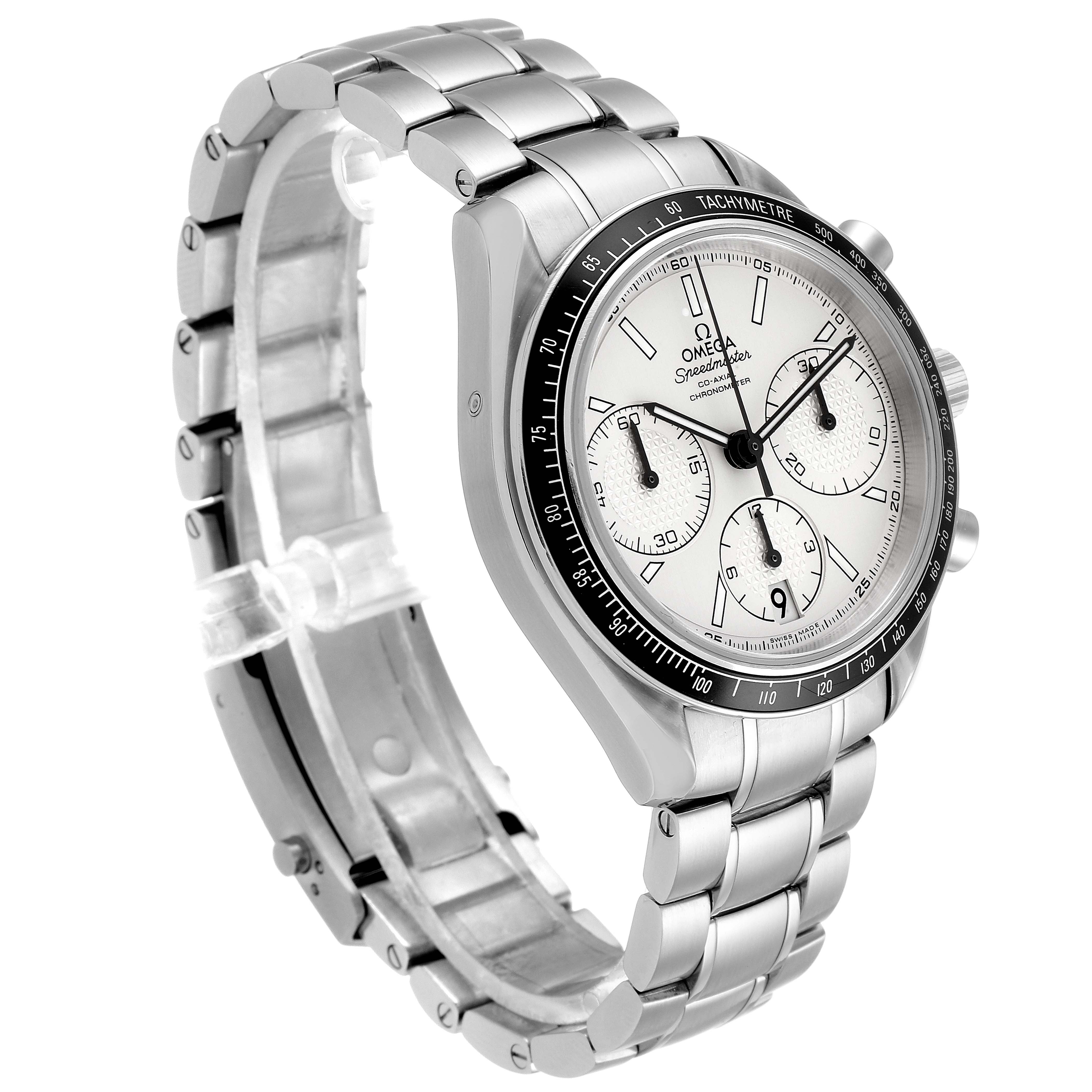 The Omega Speedmaster 326.30.40.50.02.001 Men
s Stainless Steel Silver Dial 326.30.40.50.02.001 Men
s Stainless Steel Silver Dial watch is shown at a three-quarter angle, highlighting its face, bezel, and metal bracelet.