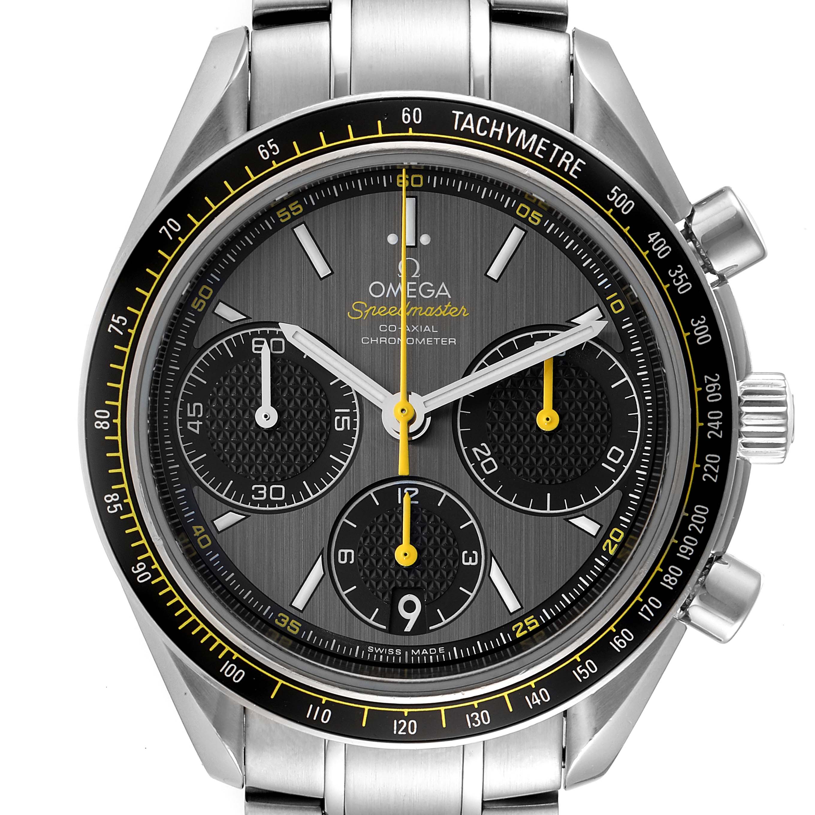 The Omega Speedmaster 326.30.40.50.06.001 Men's Stainless Steel Grey Dial 326.30.40.50.06.001 Men's Stainless Steel Grey Dial watch is shown from a front angle, displaying its face, dial, sub-dials, and part of the bracelet.