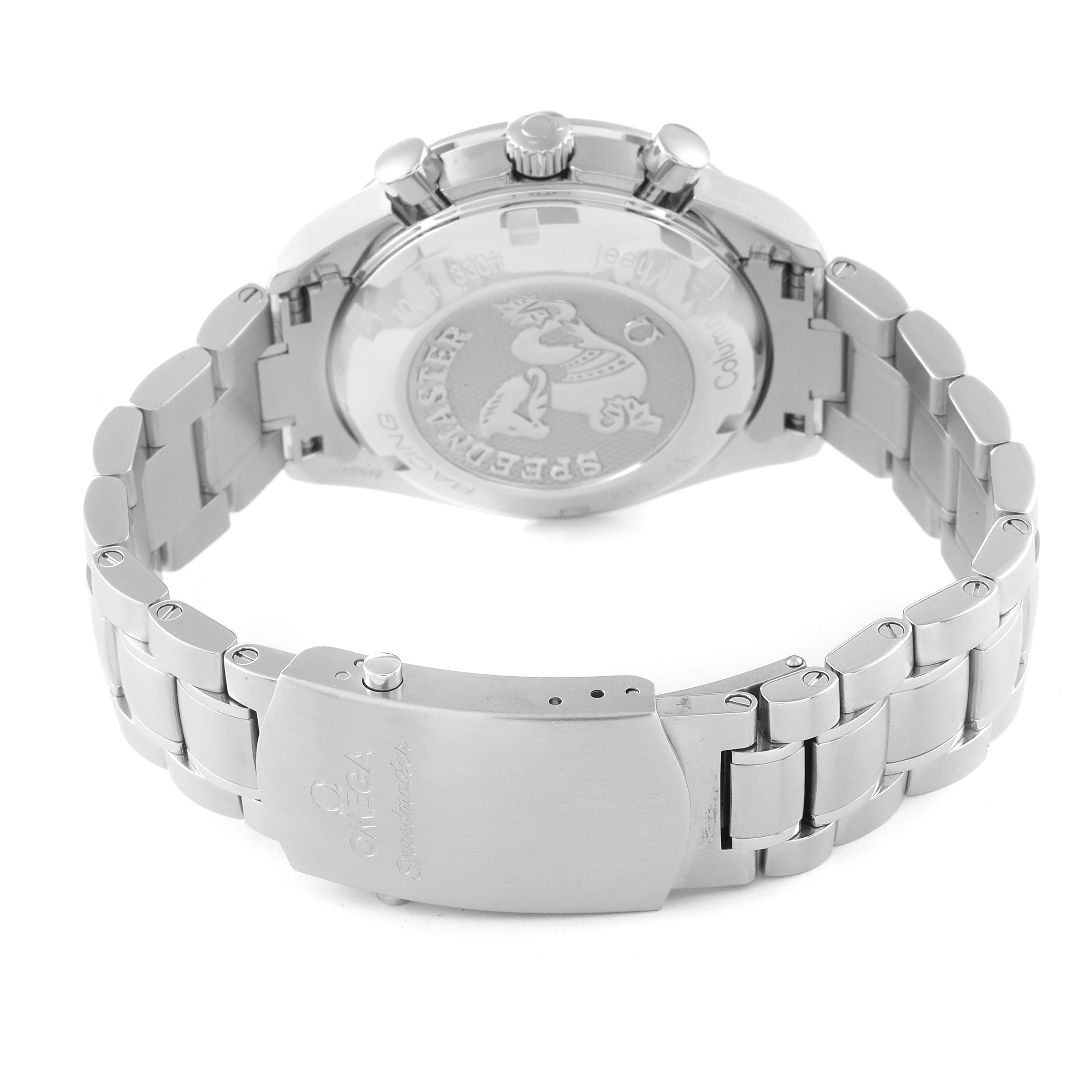 The image shows the back case and bracelet clasp of an Omega Speedmaster 326.30.40.50.06.001 Men's Stainless Steel Grey Dial 326.30.40.50.06.001 Men's Stainless Steel Grey Dial watch.
