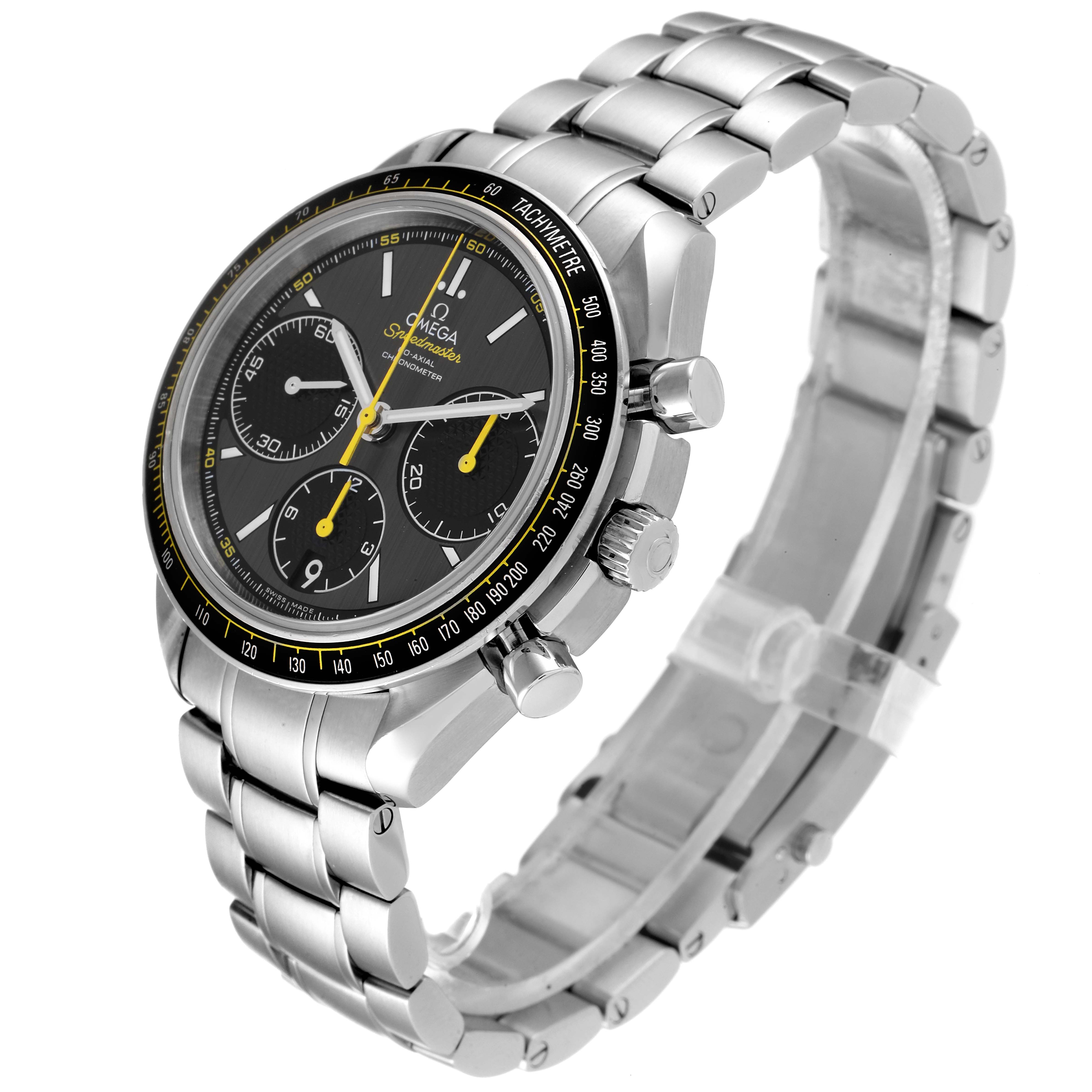 The Omega Speedmaster 326.30.40.50.06.001 Men's Stainless Steel Grey Dial 326.30.40.50.06.001 Men's Stainless Steel Grey Dial watch is shown at a three-quarter angle, displaying its face, bezel, crown, chronograph pushers, and bracelet.
