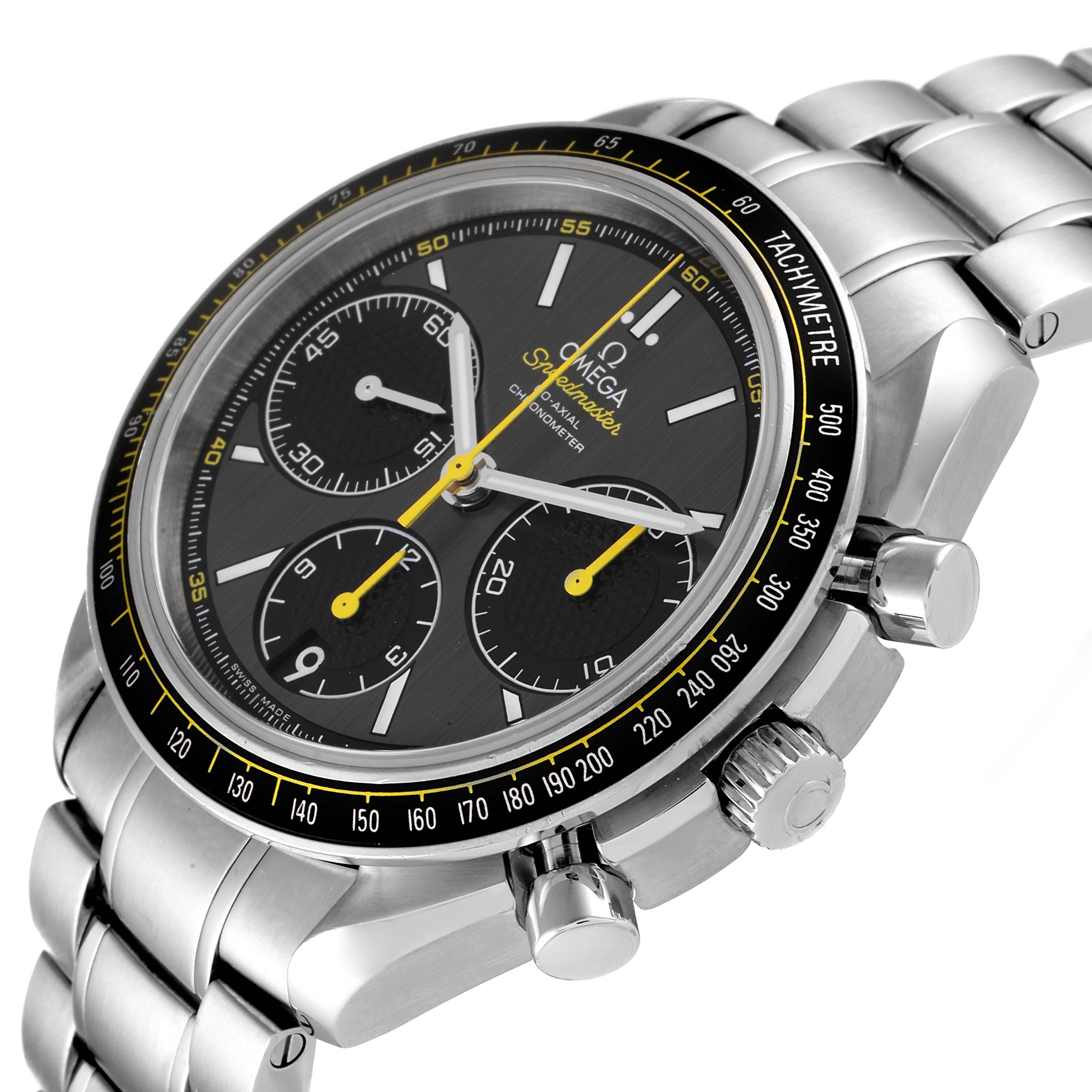 The image shows an Omega Speedmaster 326.30.40.50.06.001 Men's Stainless Steel Grey Dial 326.30.40.50.06.001 Men's Stainless Steel Grey Dial watch at a three-quarter angle, highlighting the dial, tachymeter, and chronograph pushers.
