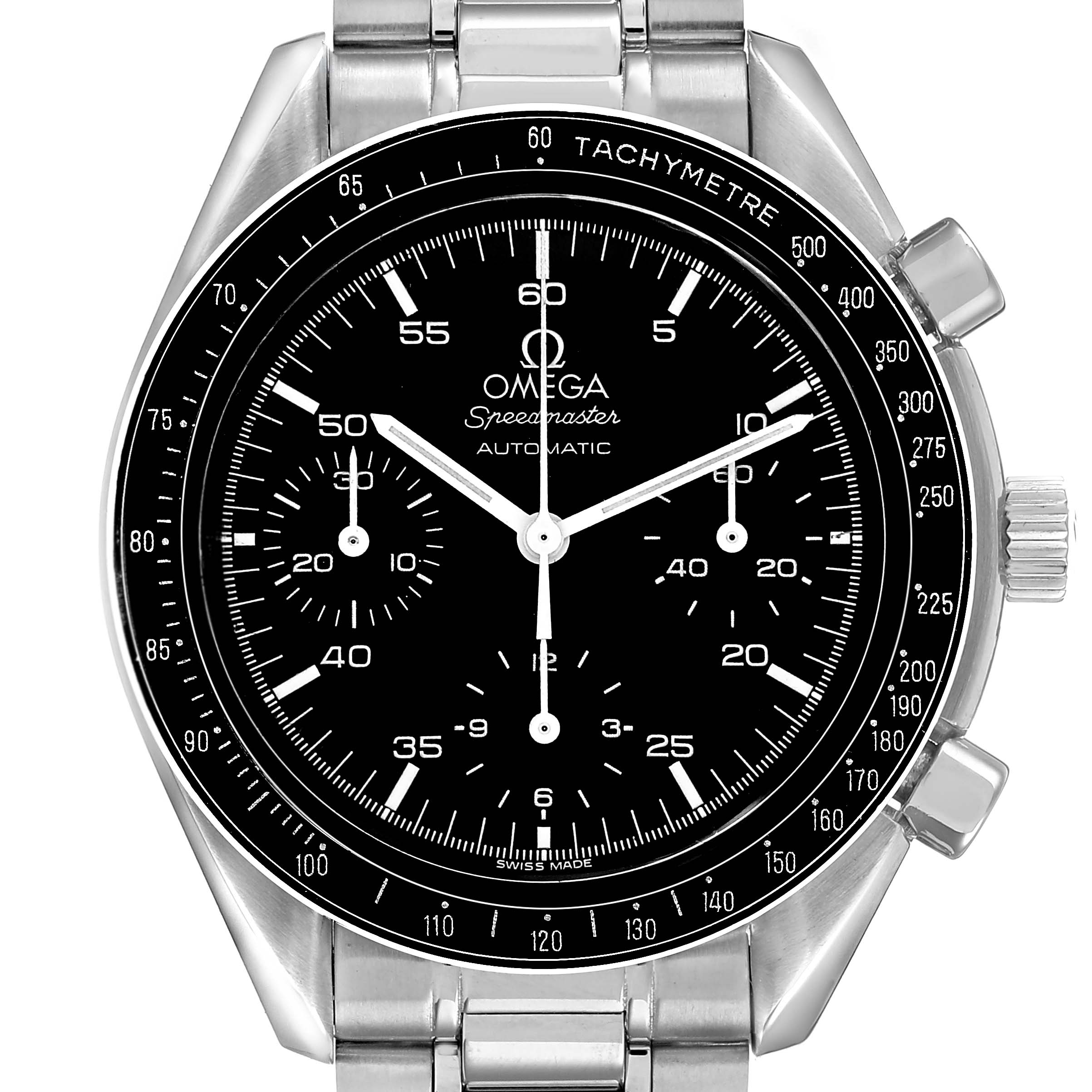The Omega Speedmaster 3510.50.00 Men's Stainless Steel Black Dial watch is shown from a front view, displaying its dial, tachymeter bezel, and stainless steel bracelet.