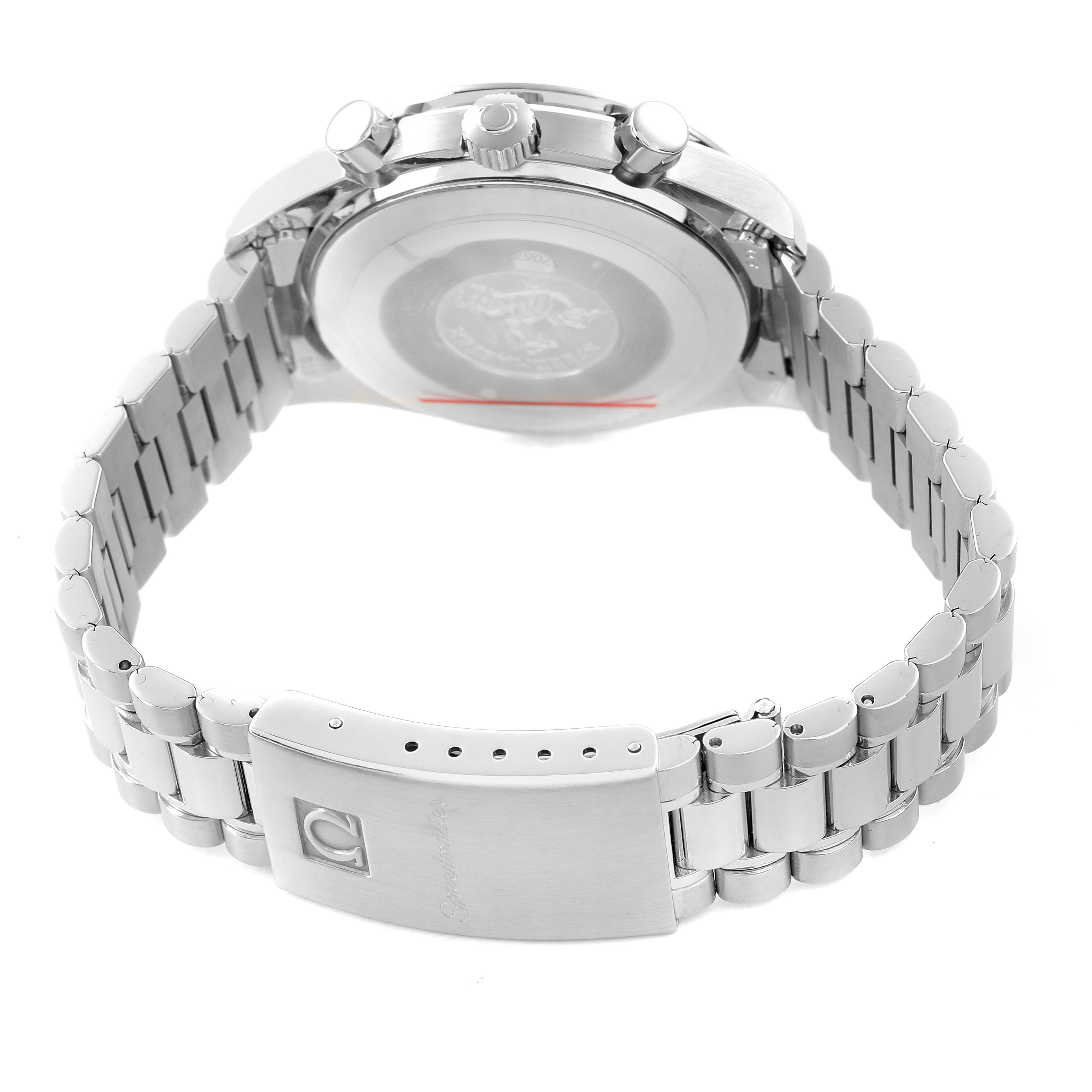 The Omega Speedmaster 3510.50.00 Men's Stainless Steel Black Dial watch is shown from a rear angle, highlighting the case back, bracelet, and clasp.