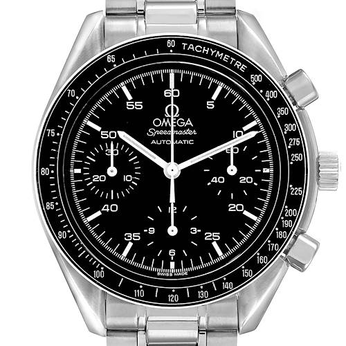 The Omega Speedmaster 3510.50.00 Men's Stainless Steel Black Dial watch is shown from a front view, highlighting the dial, bezel, crown, and chronograph pushers.