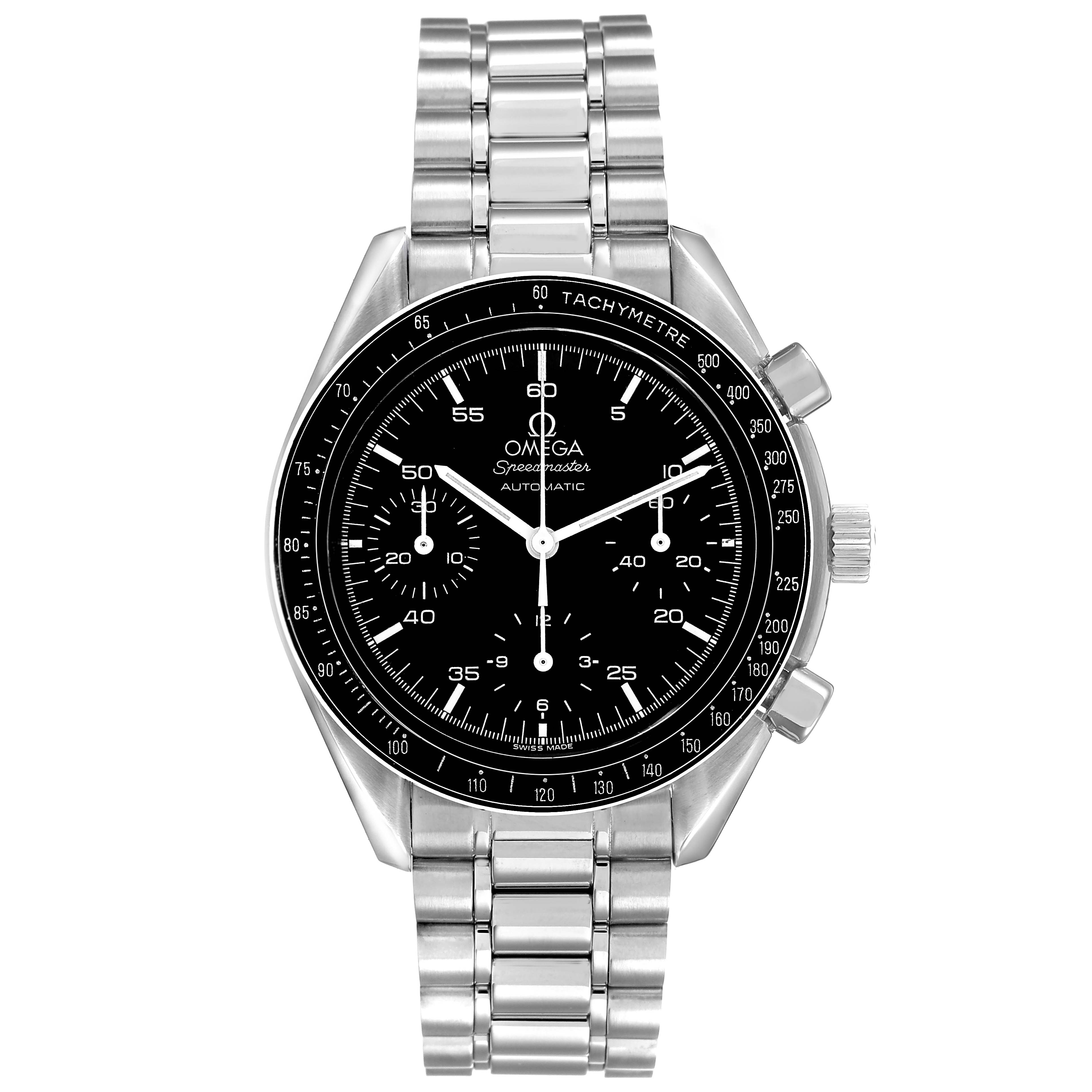 The Omega Speedmaster 3510.50.00 Men's Stainless Steel Black Dial watch is shown from the front, highlighting the dial, bezel, pushers, and stainless steel bracelet.
