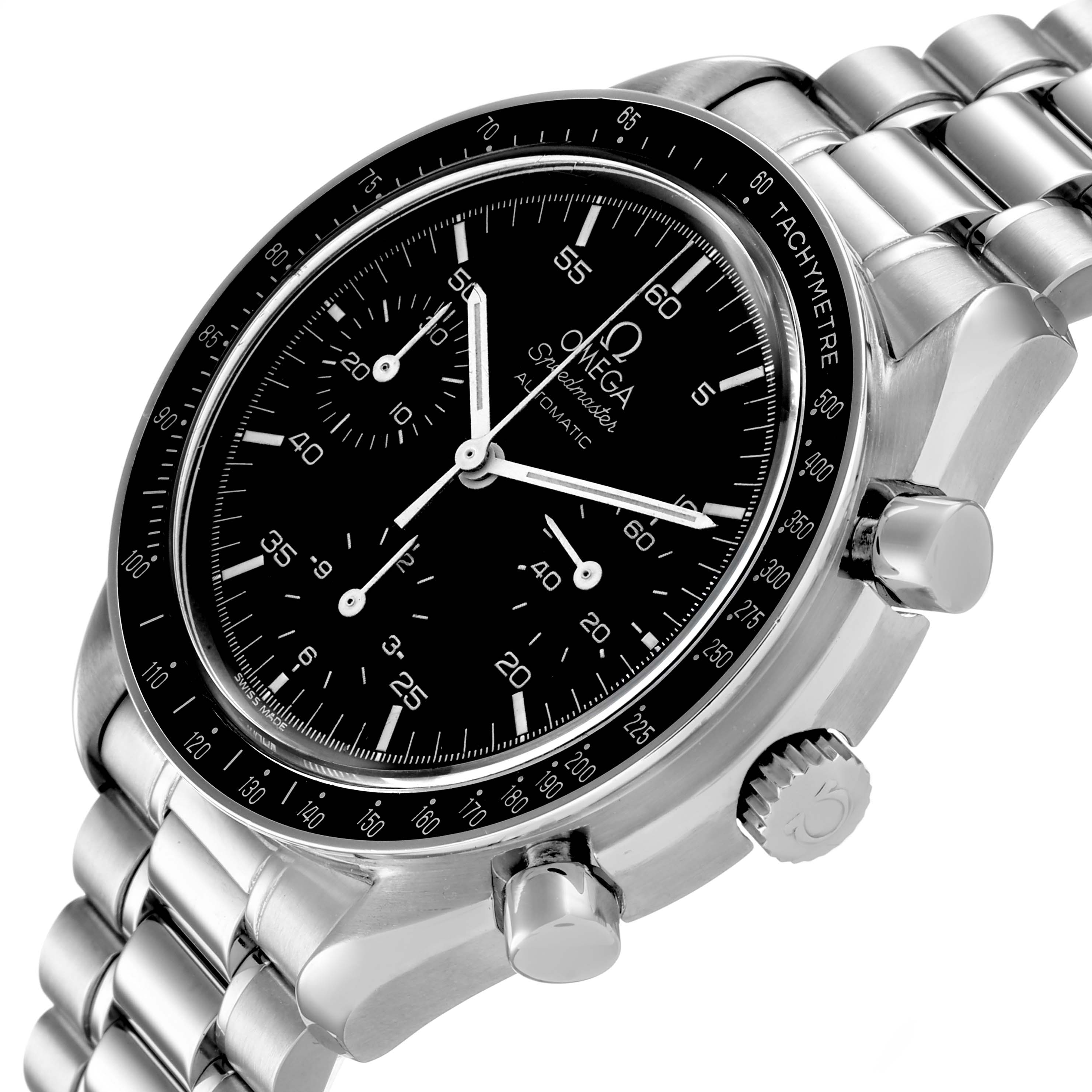 The Omega Speedmaster 3510.50.00 Men's Stainless Steel Black Dial watch is shown at a three-quarter angle displaying the face, tachymeter bezel, and part of the metal bracelet.