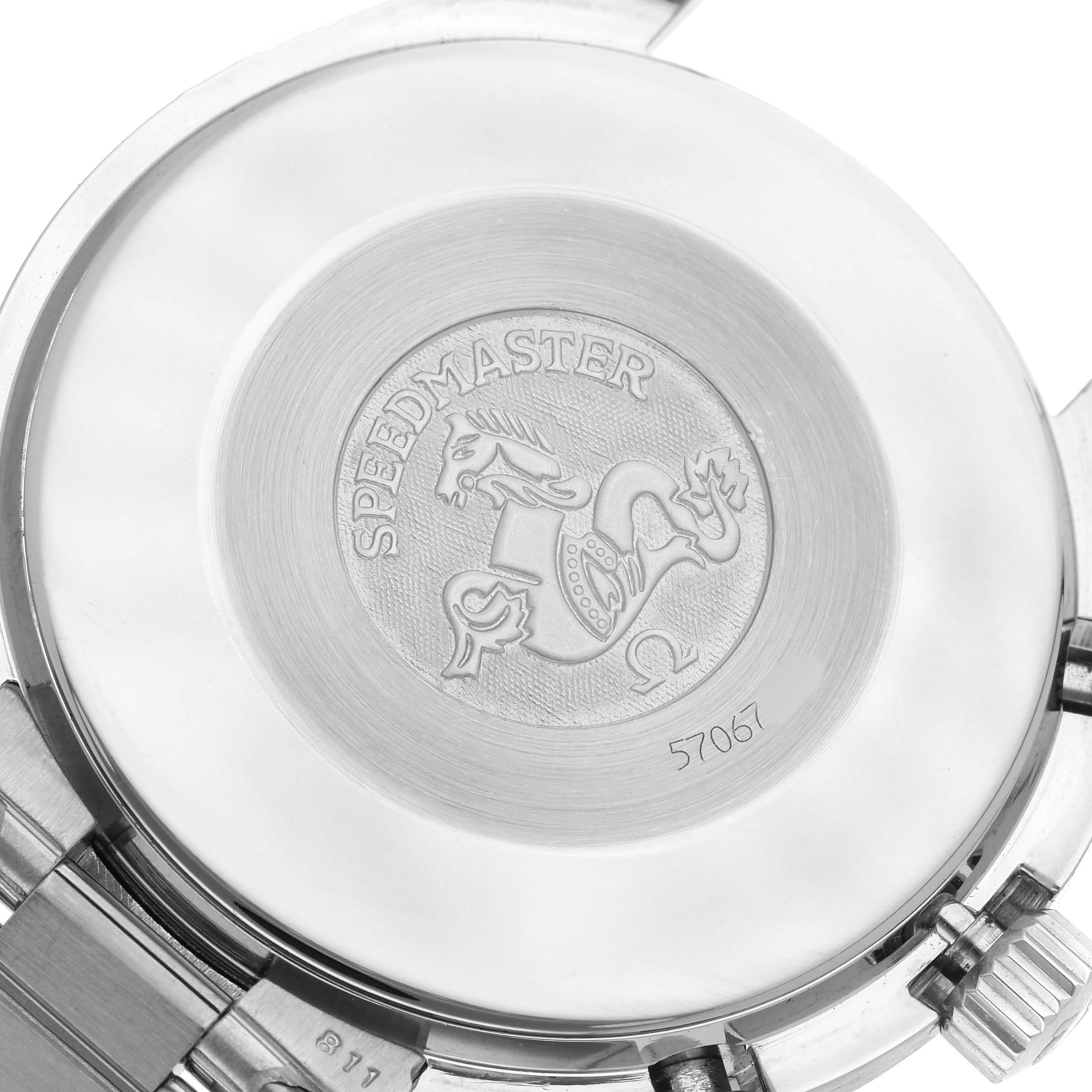 The image shows the back case of an Omega Speedmaster 3510.50.00 Men's Stainless Steel Black Dial watch featuring the engraved logo and model details.