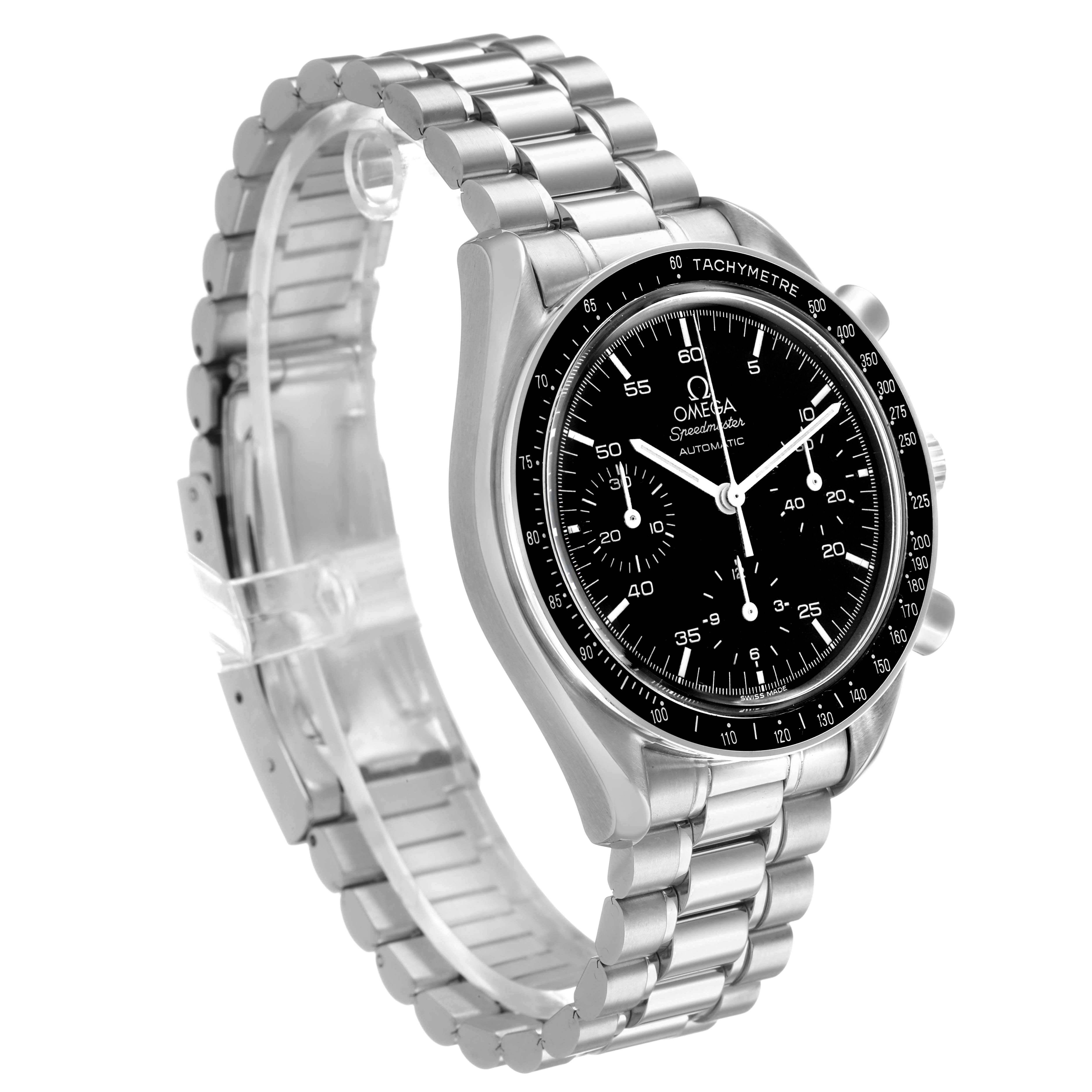 The Omega Speedmaster 3510.50.00 Men's Stainless Steel Black Dial watch is shown at a three-quarter angle, highlighting the face, bezel, and metal bracelet.