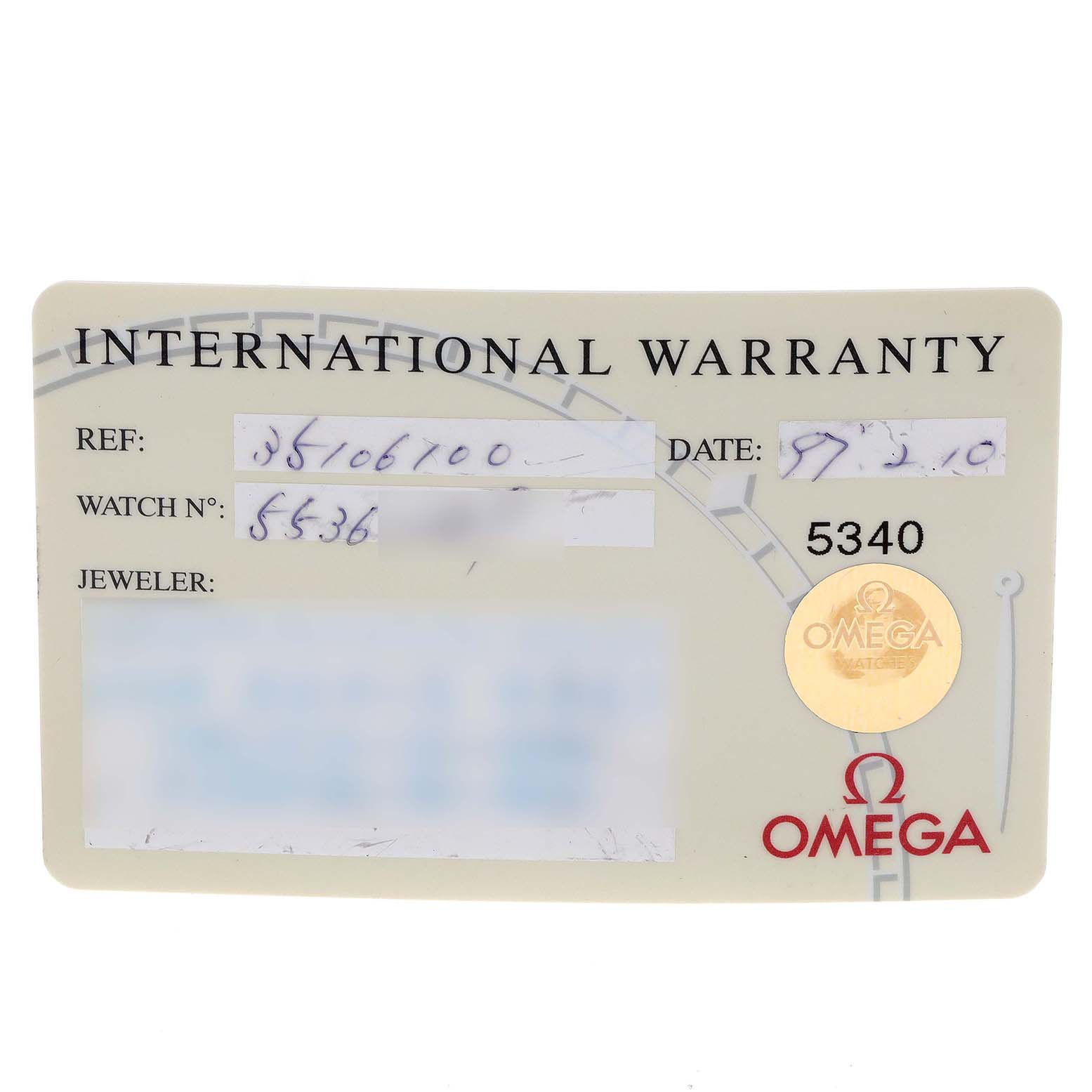 This image shows an international warranty card for the Omega Speedmaster 3510.61.00 Men's Stainless Steel Red Dial 3510.61.00 Men's Stainless Steel Red Dial watch model.