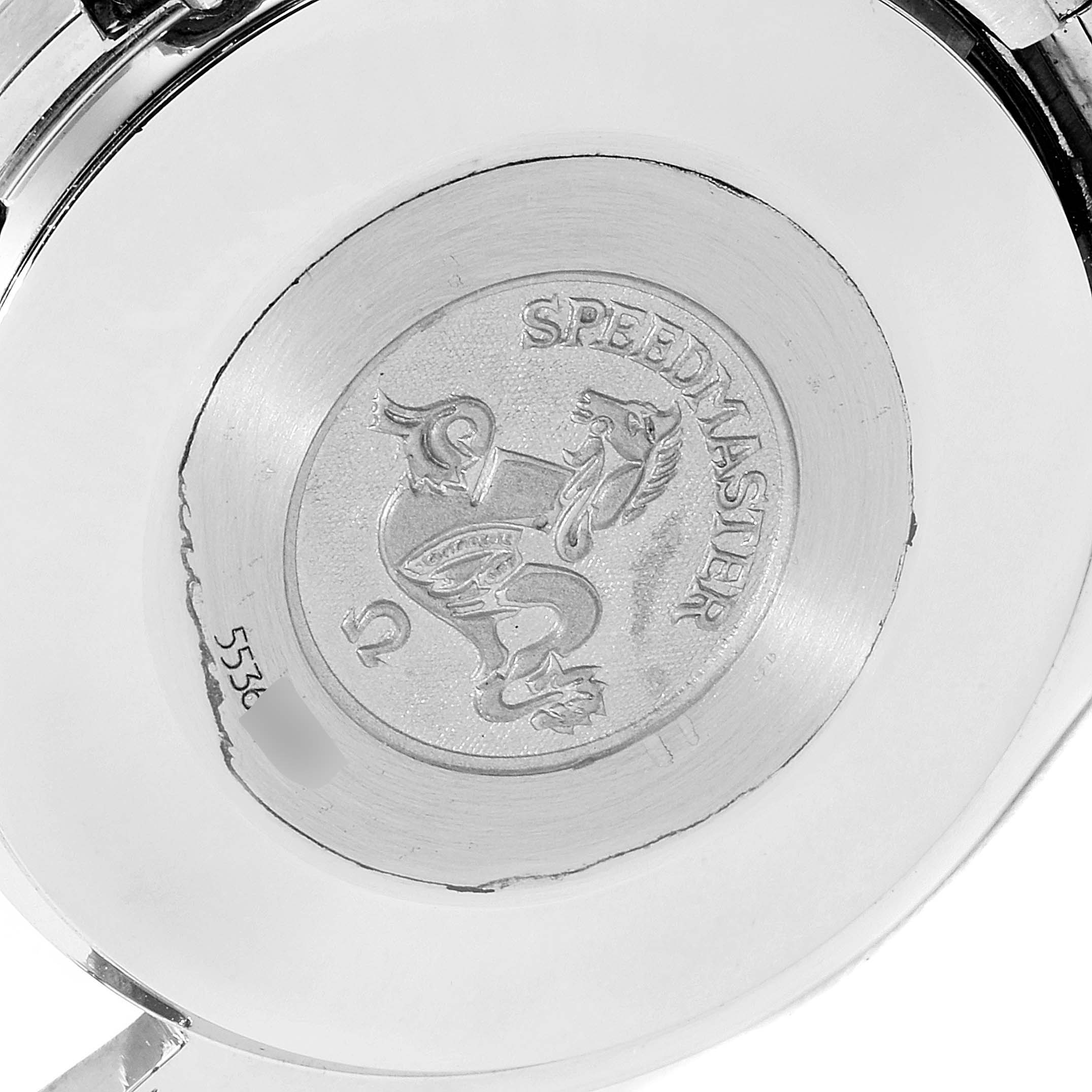 The image shows the engraved back casing of an Omega Speedmaster 3510.61.00 Men's Stainless Steel Red Dial 3510.61.00 Men's Stainless Steel Red Dial watch.