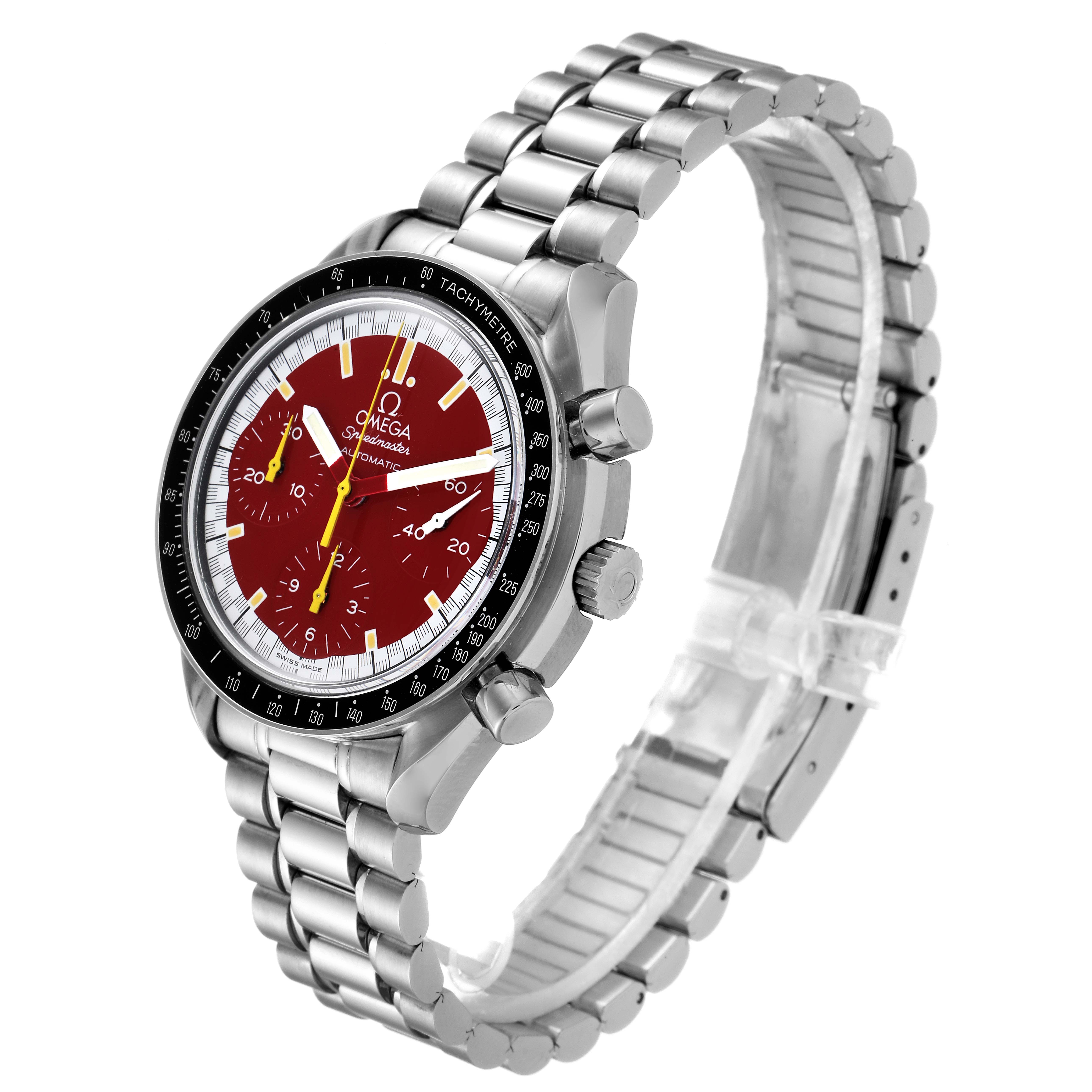 The Omega Speedmaster 3510.61.00 Men's Stainless Steel Red Dial 3510.61.00 Men's Stainless Steel Red Dial watch is shown at a three-quarter angle, highlighting the bezel, dial, pushers, crown, and bracelet.