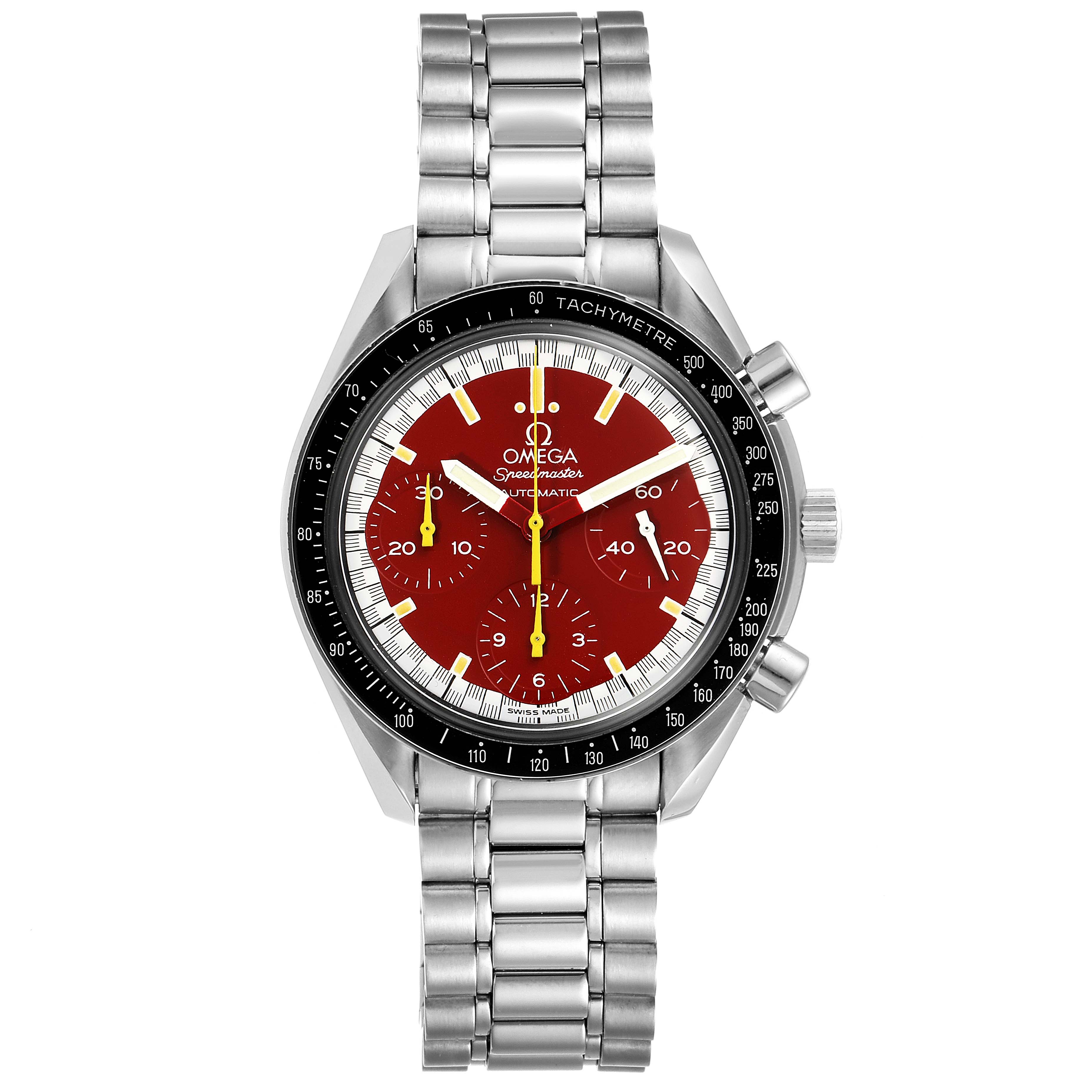 The Omega Speedmaster 3510.61.00 Men's Stainless Steel Red Dial 3510.61.00 Men's Stainless Steel Red Dial watch is shown from a straight-on angle, displaying its red dial, chronograph subdials, and metal bracelet.
