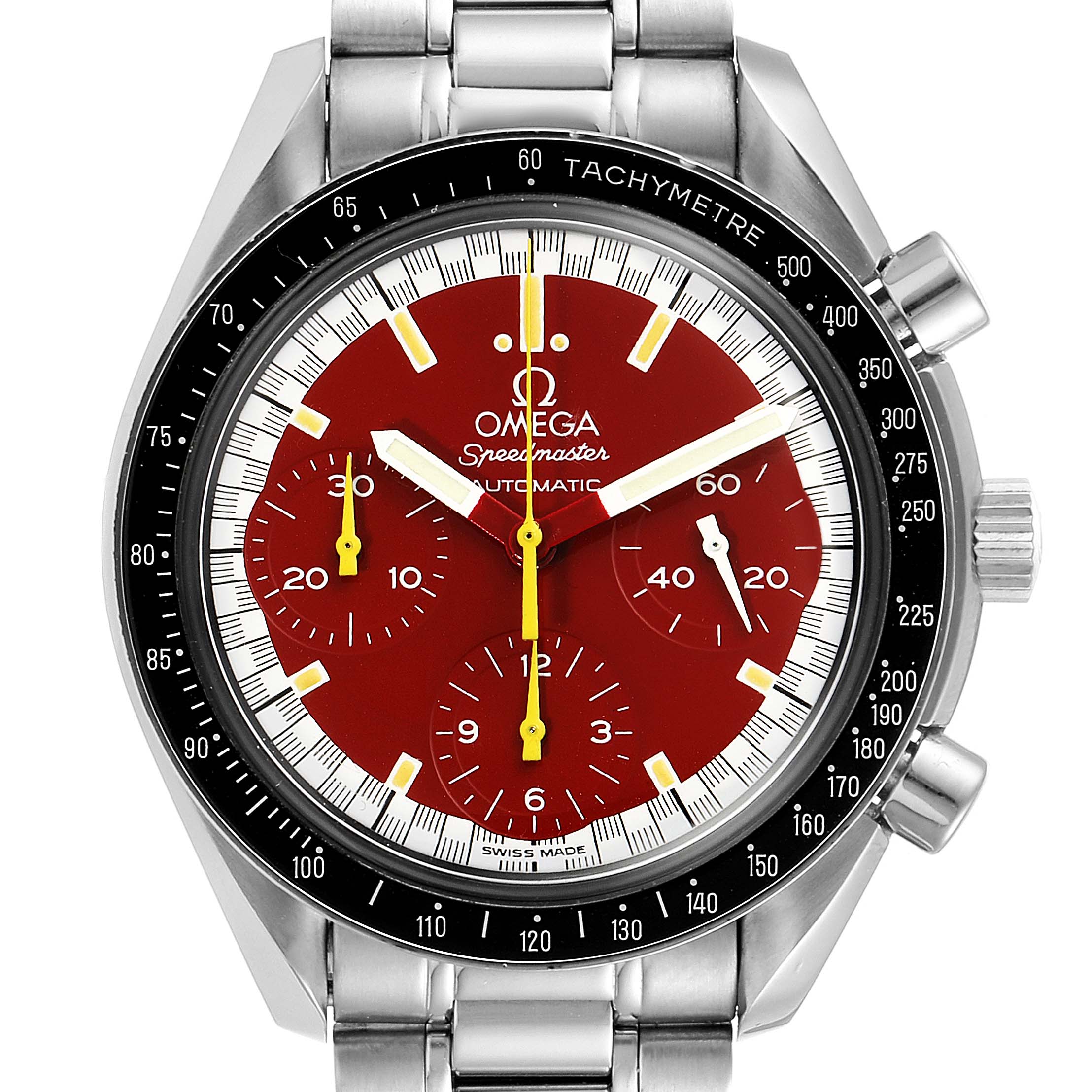 This image shows the face and bezel of the Omega Speedmaster 3510.61.00 Men's Stainless Steel Red Dial 3510.61.00 Men's Stainless Steel Red Dial watch, featuring a red dial and steel bracelet.