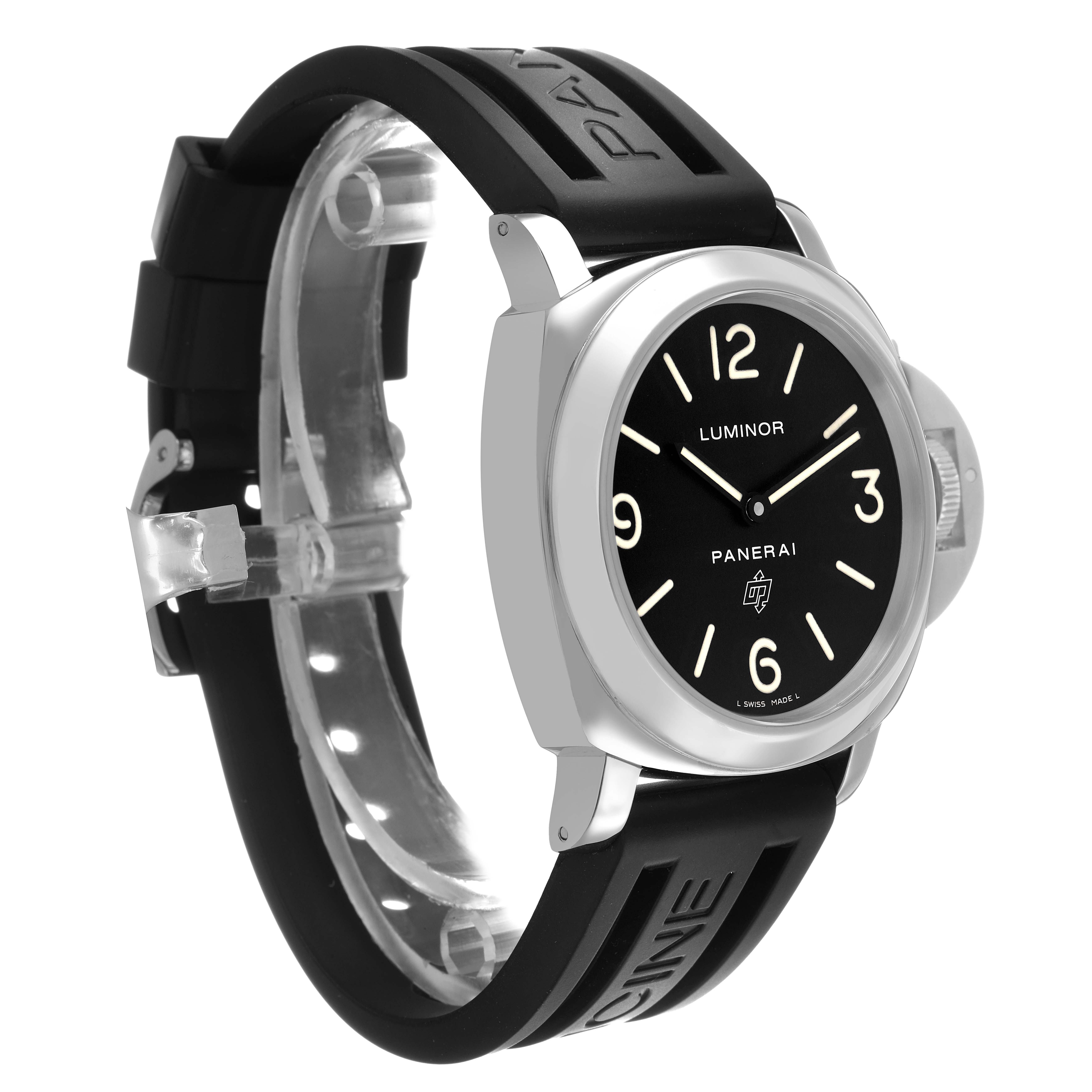 The Panerai Luminor PAM00000 Men's Stainless Steel Black Dial watch is shown at a three-quarter angle, displaying the face, crown guard, and rubber strap.